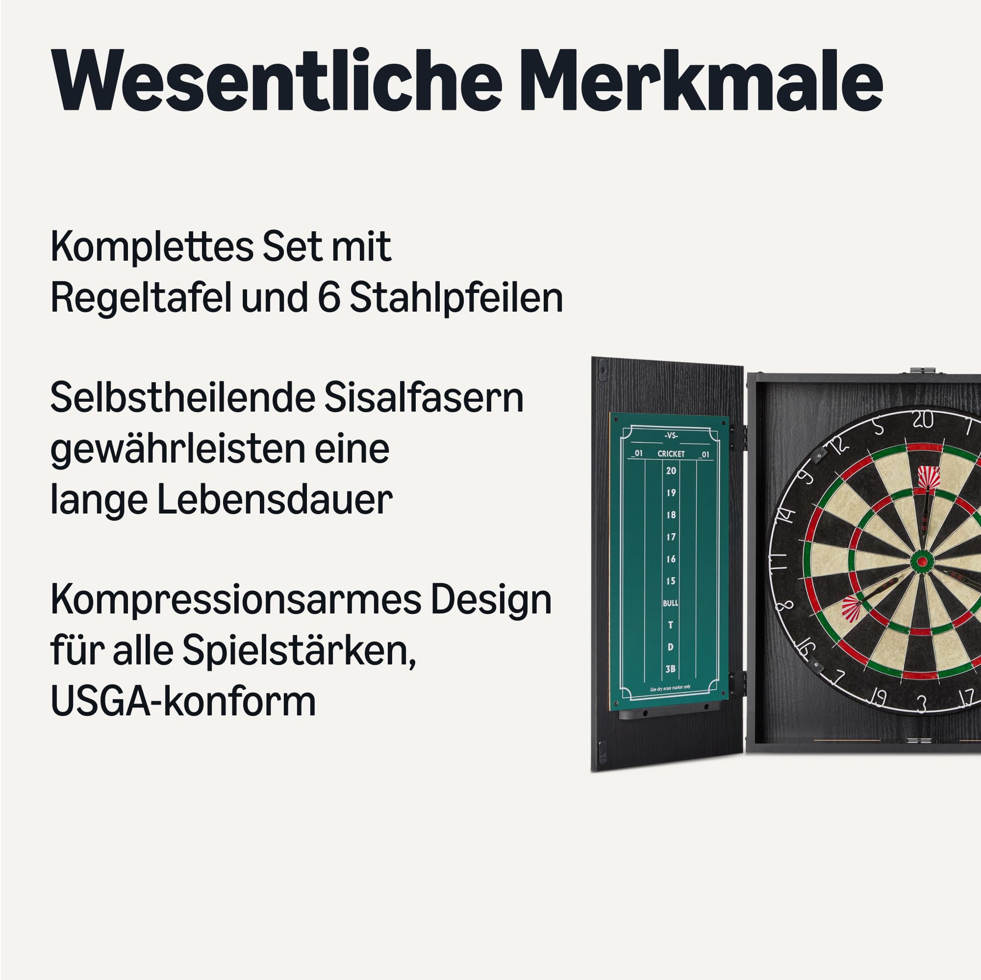 Amazon Basics Dartboard Schrank-Set mit 6 Stahlspitzen-Darts – Selbstheilende Sisalfasern, Integrierte Anzeigetafel, Komplettes Befestigungsset, 55,2cm x 50,2cm, Schwarz