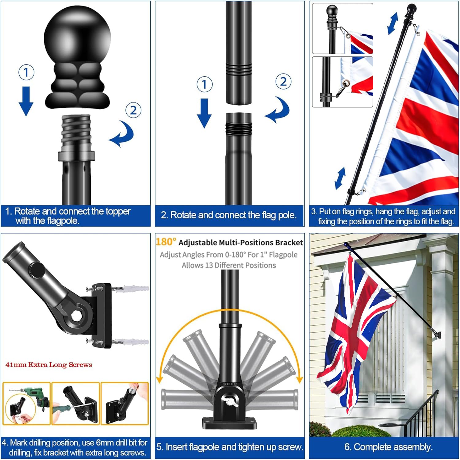 Pure Garden 6ft Stainless-Steel Flag Pole Kit with Rotating Rings, Silver