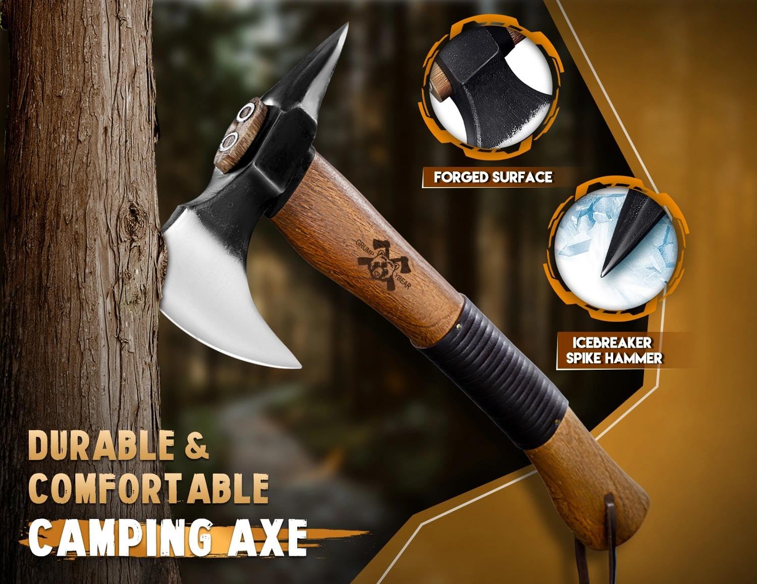 Beil Outdoor Holz Spalten Handgeschmiedet Handbeil mit Kuhfuß,Bushcraft Axt mit Holzgriff und Lederscheide,Camping Axt Geschenk für Männer Long