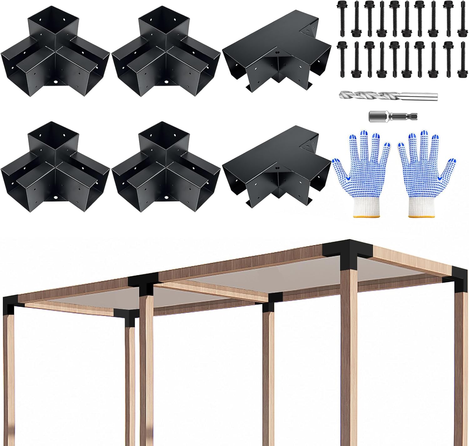 Pergola Bracket kit,3-Way & 4-Way Right Corner Angle Woodwork Bracket for 4" x 4" (Actual: 3.5" x3.5'') Wood Beam for Outdoor Gazebos,Patio Pergolas,Log Cabins - 6Pack