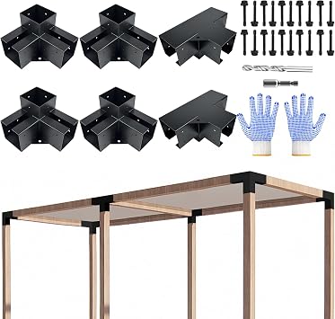 Pergola Bracket kit,3-Way & 4-Way Right Corner Angle Woodwork Bracket for 4" x 4" Actual 3.5" x3.5 Wood Beam for Outdoor Gazebos,Patio Pergolas,Log Cabins - 6Pack