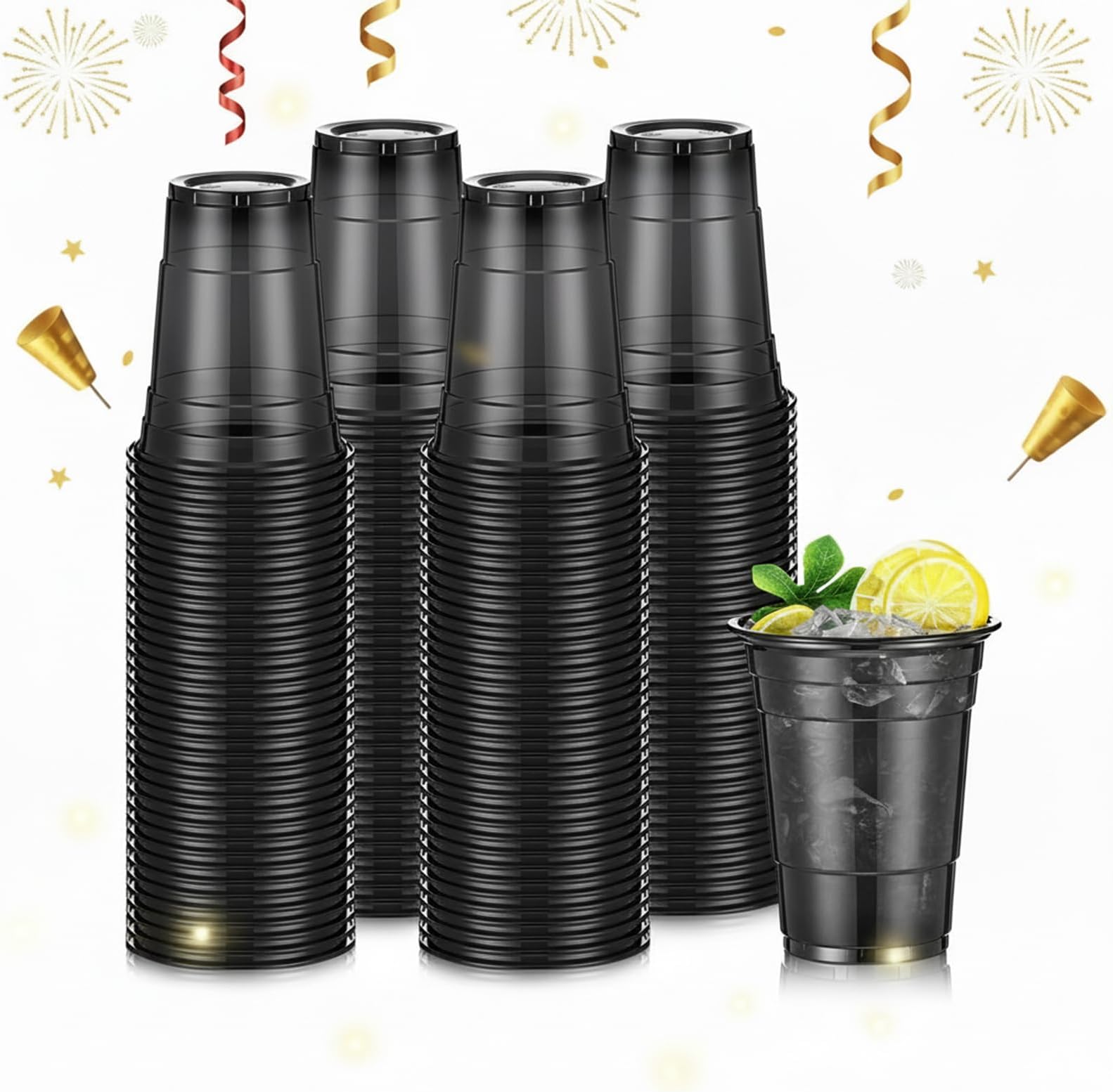 LemonRoad 100 Pack 16oz Black Clear Plastic Cups, Party Disposable Drinking Cups Bulk for Parties Picnics Cold Beverages, Smoothies, Events Celebrations Meeting Wedding Holiday Party
