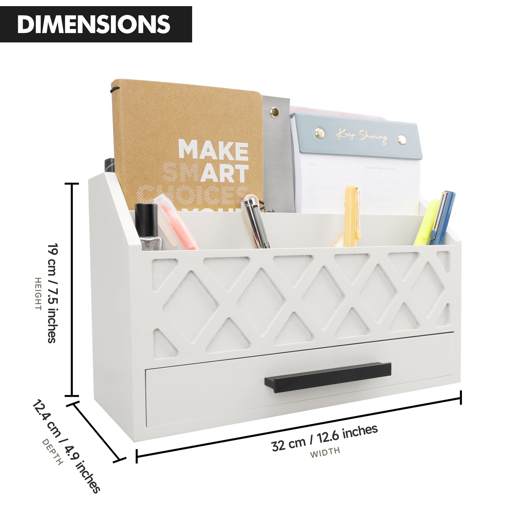 Joyhawk Office Desk Organizers and Storage, Wooden Mail Bill Organizer with Drawer for Desktop Organization, Desk Accessories & Workspace Organizers, File Paper Holder Set for Desk (White)