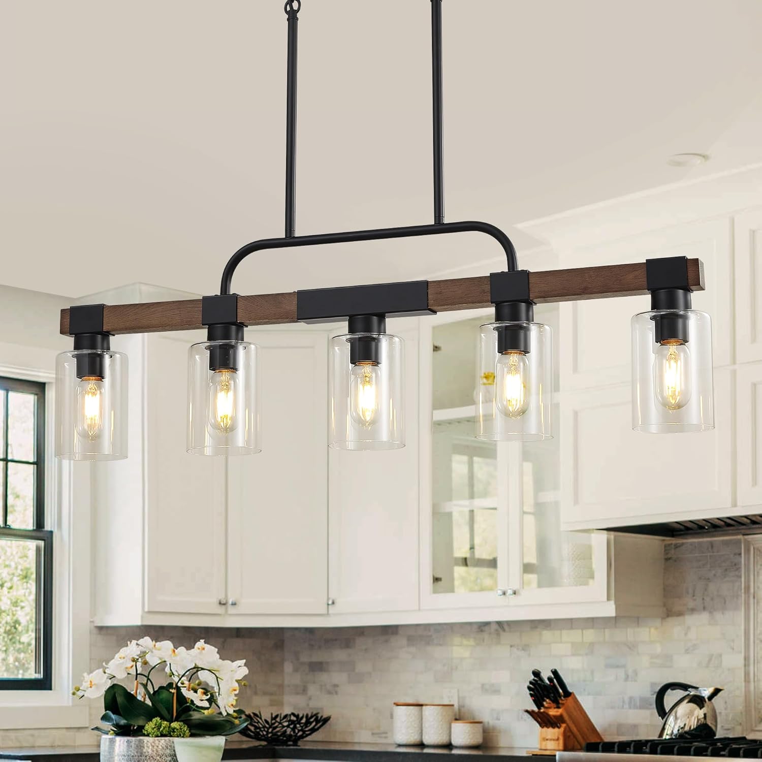 Farmhouse Dining Room Light Fixture ，Rustic Ceiling Pendant Light Fixtures，5-Light Wood Kitchen Island Lighting/Chandelier Over Table,Hanging for Linear Chandeliers,with Clear Glass lampshade