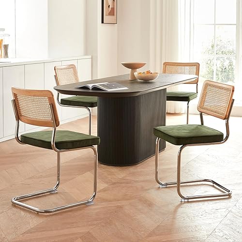 Juego de 4 sillas de comedor de ratán verde, sillas de cocina modernas de madera de mediados de siglo, silla de comedor de caña trasera de malla,