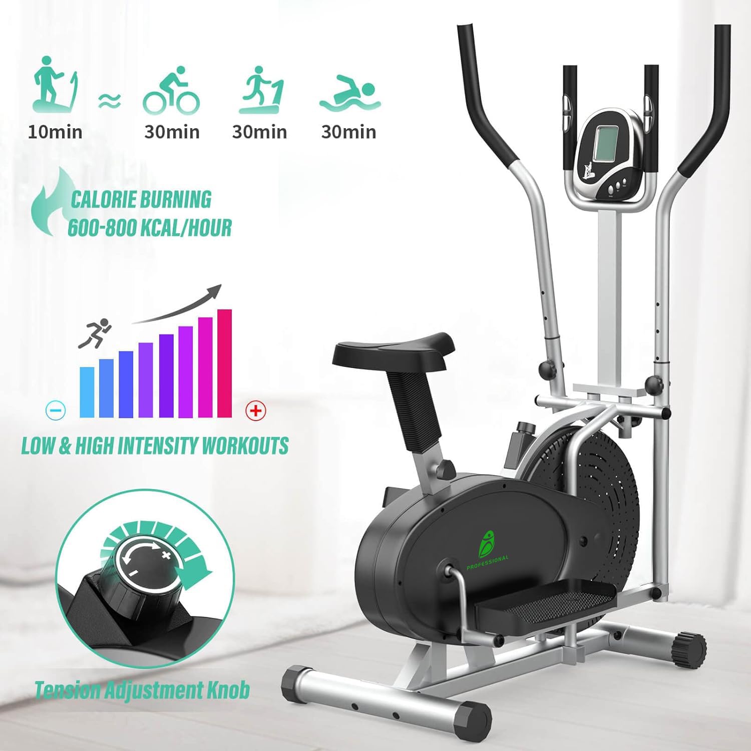 Neezee Ellittiche Per La Casa - 2 IN 1 Cyclette Per Cross Trainer Con Sedile, Monitor LCD Intelligente, Resistenza Regolabile, Allenamento Migliorato Per Tutto Il Corpo, Fino a 120 KG