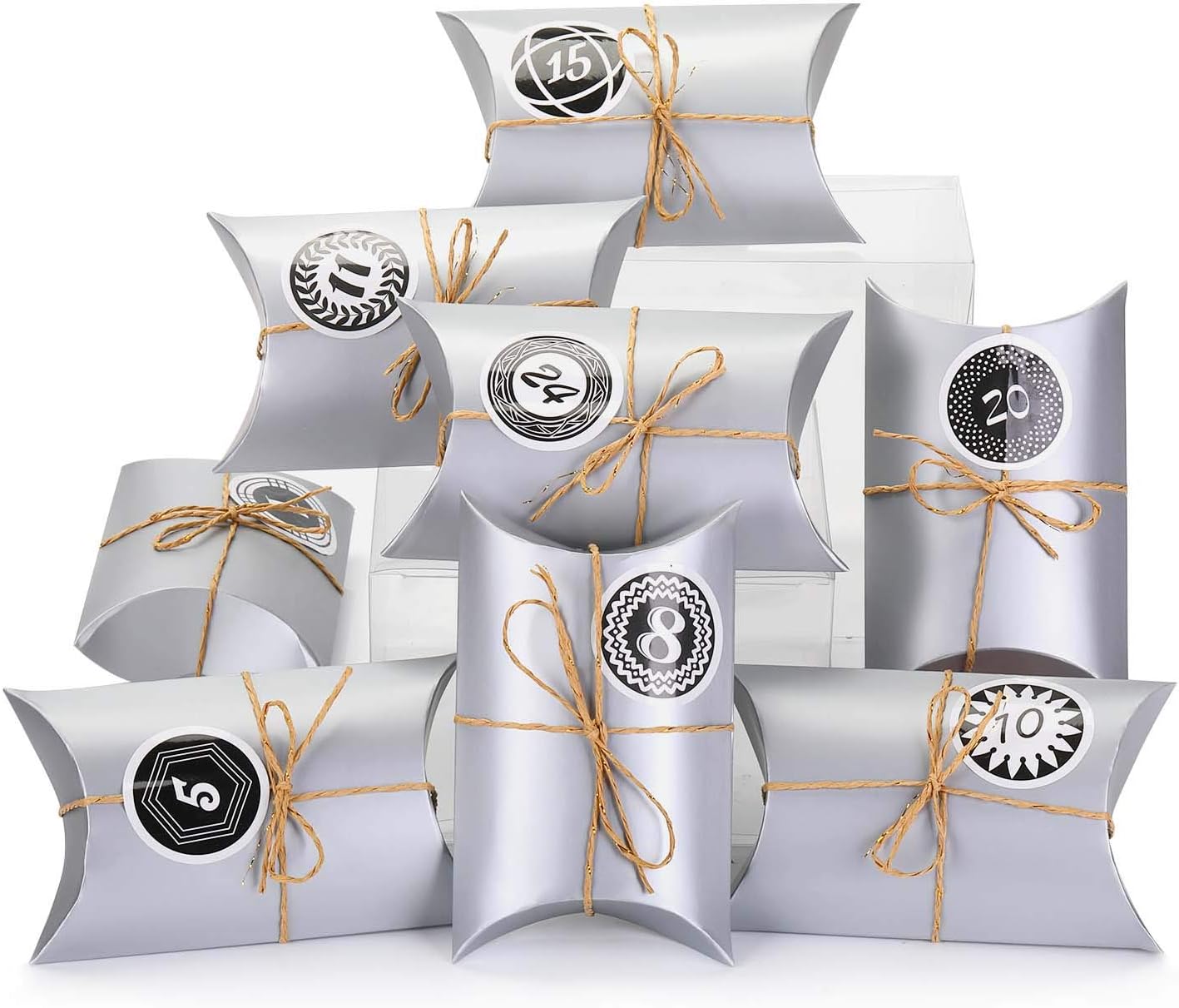 EKKONG Advent Calendar Bags, 24 Advent Calendar Stickers, Advent Calendars 24 Days Countdown to Christmas Kraft Paper Pillow Boxes DIY Christmas Advent Calendar for Christmas Decorations (Silver)