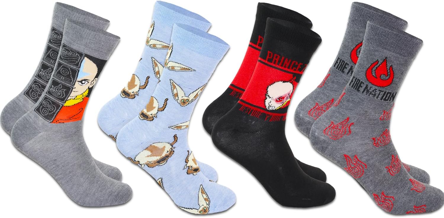 Avatar the Last Airbender Socks for Teens - 4 Pairs Crew Socks for Men Shoe Size 8-12 Plus Stickers | Gift Set for Men, Boys