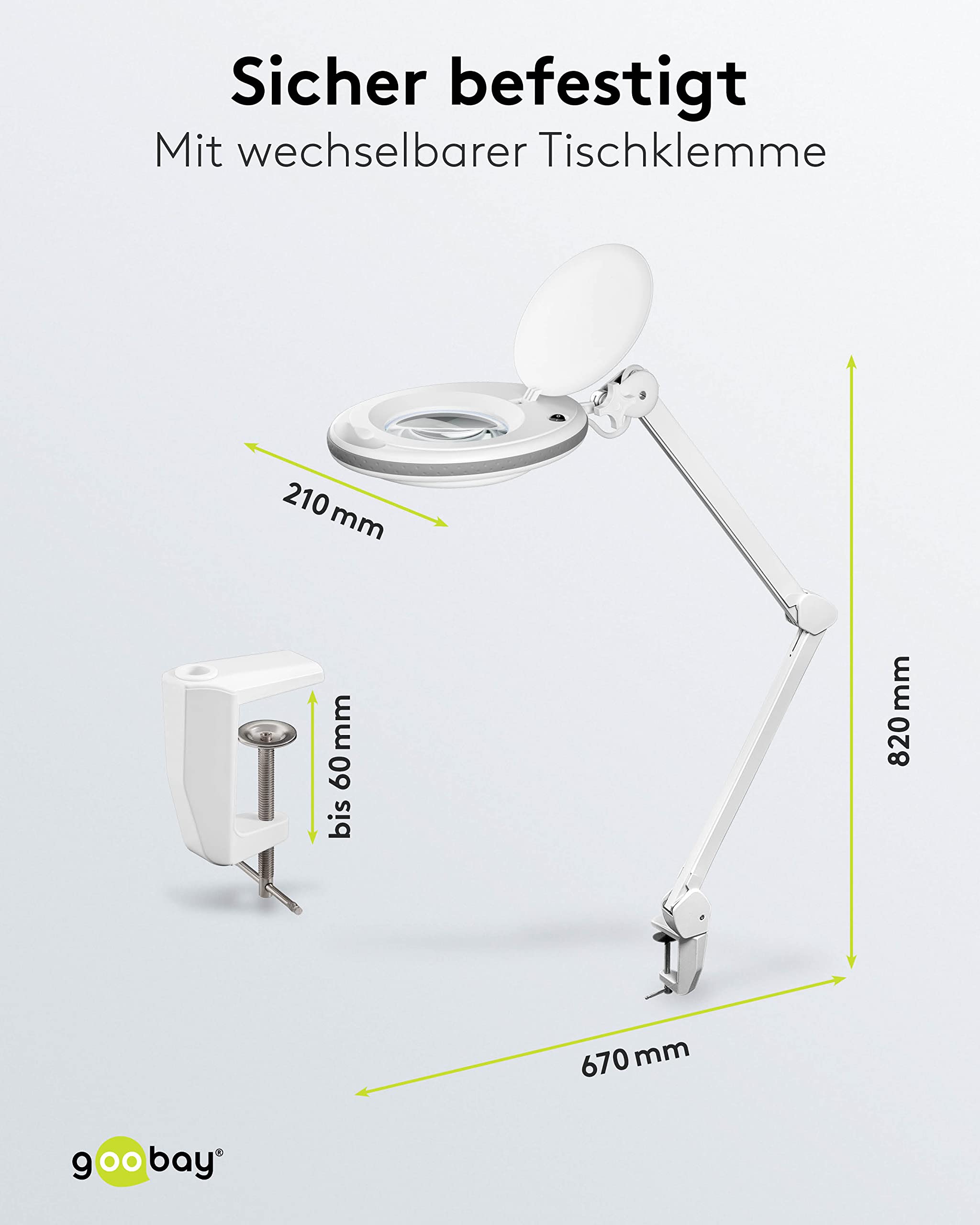 goobay 60360 LED lampa z lupą z zaciskiem/lampa z lupą z tworzywa sztucznego/pobór mocy 8 W, temperatura barwowa 6500 K/strumień świetlny 650 lm/napięcie robocze 230 V (AC) / biała