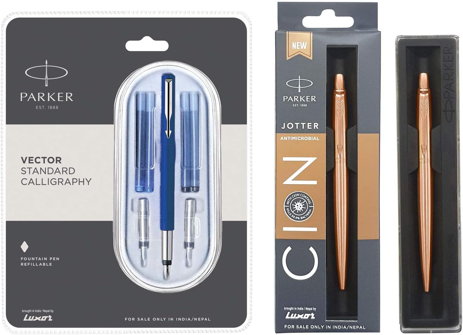 Parker Calligraphy CT Fountain Pen (Blue), 7 Piece Set Jotter Anti Microbial Ball Pen (Ink - Blue)