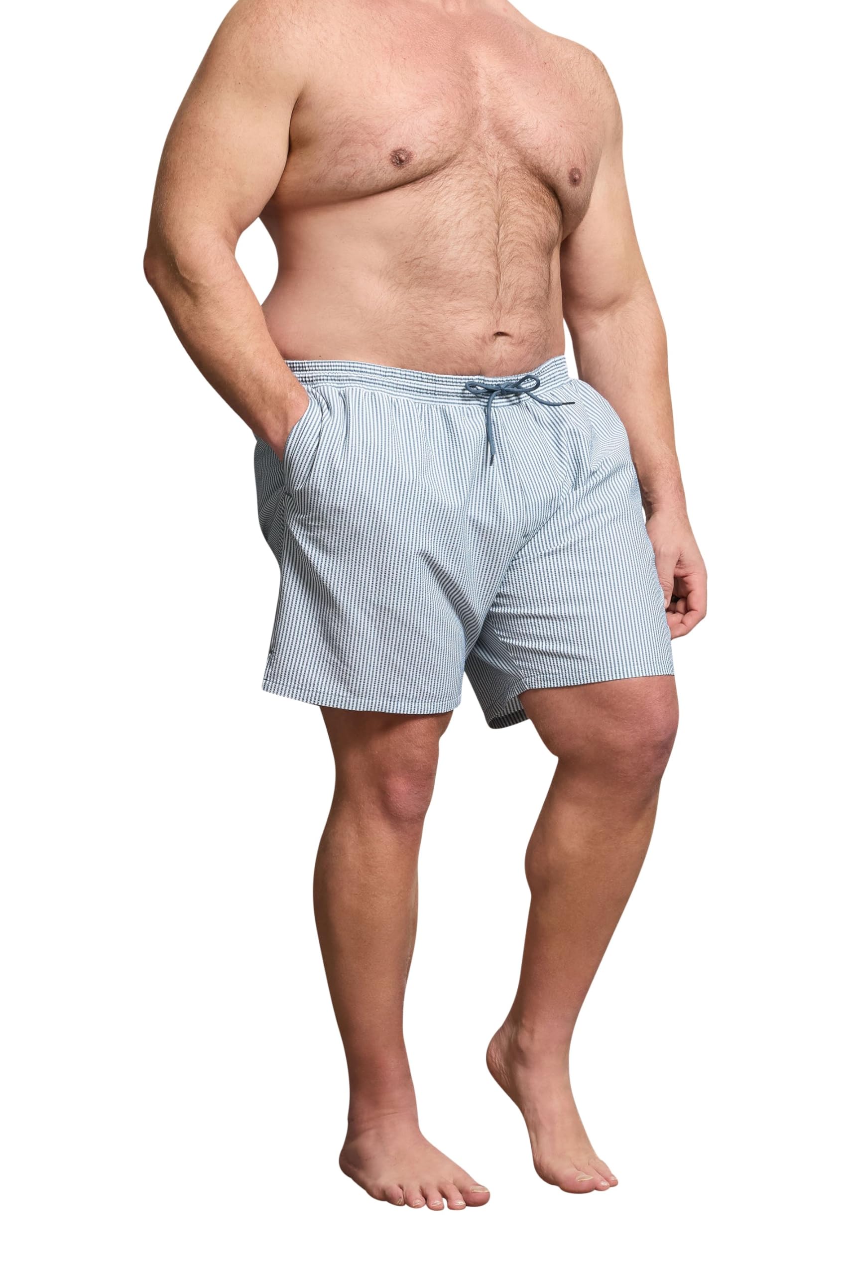 Badrhino Men's Light Blue Big & Tall Blue Stripe Seersucker Swim Shorts - Plus Size Curve