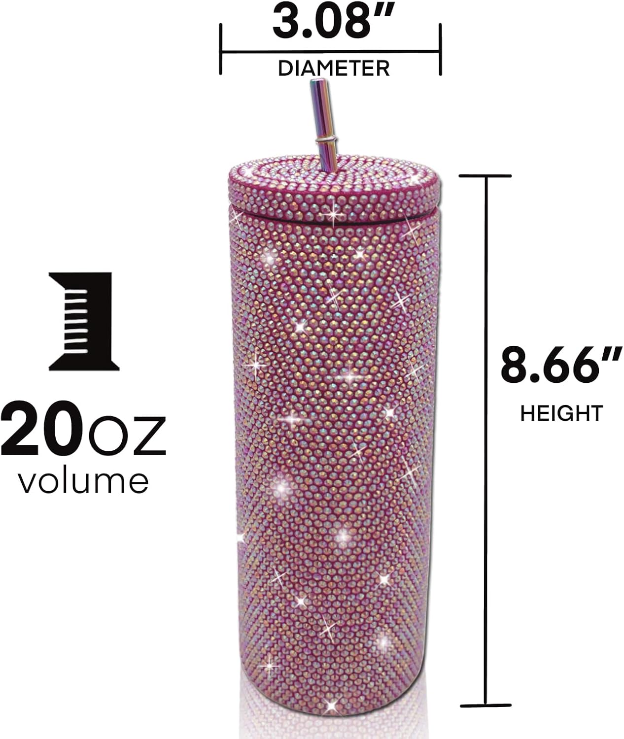20oz Bling Diamond Tumbler with Lid and Straw Studded Skinny Tumbler Stainless Steel Vacuum Insulated Water Bottle Double Wall Iced Coffee Mug Reusable Glitter Cups (Dark Rose) - Image 2
