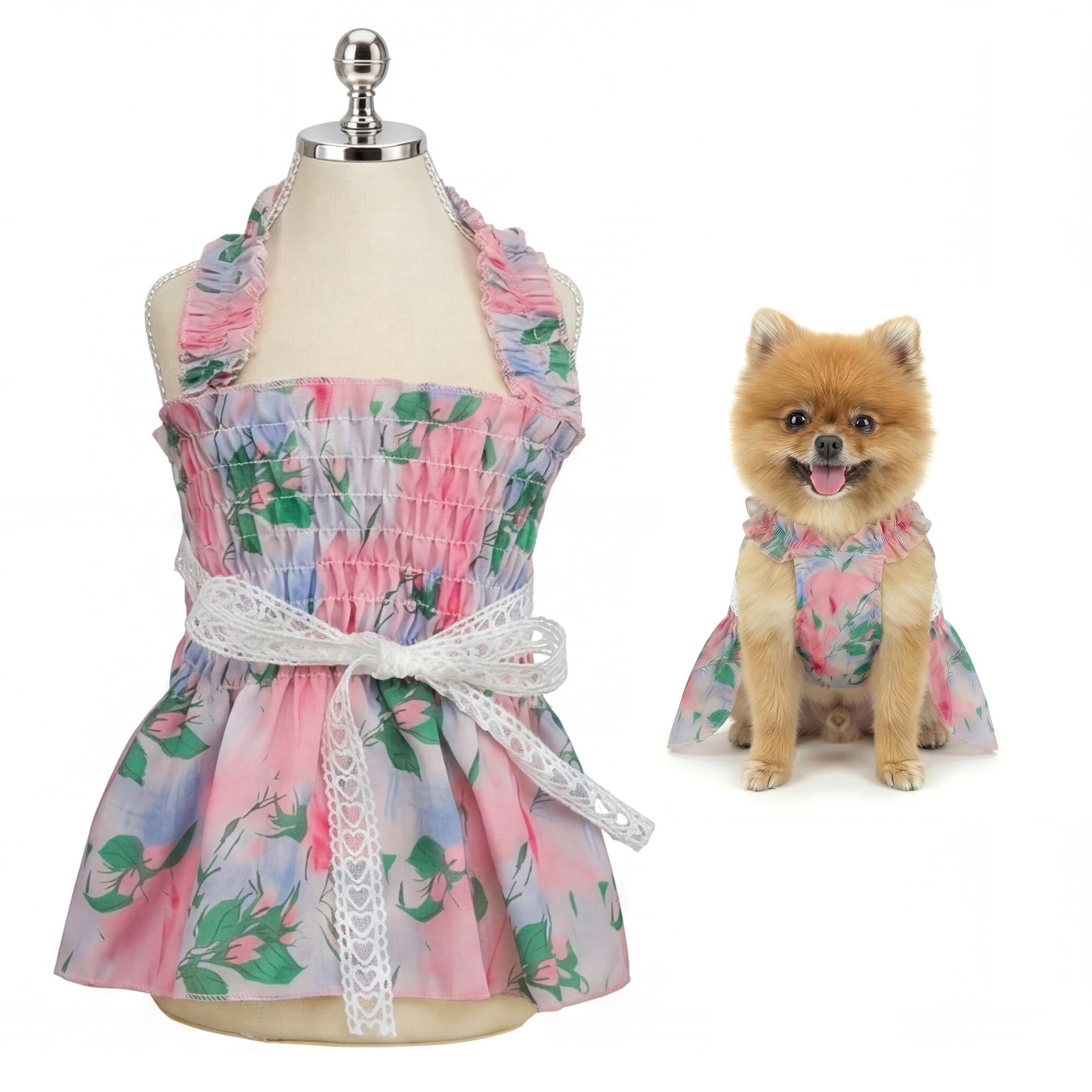 SMALLLEE_LUCKY_STORE Floral Dog Dress with Lace Bowknot, Female Puppy Sundress with Ruffle Strap, Breathable Spring Summer Clothes for Small Dogs Cats, Blue,XL