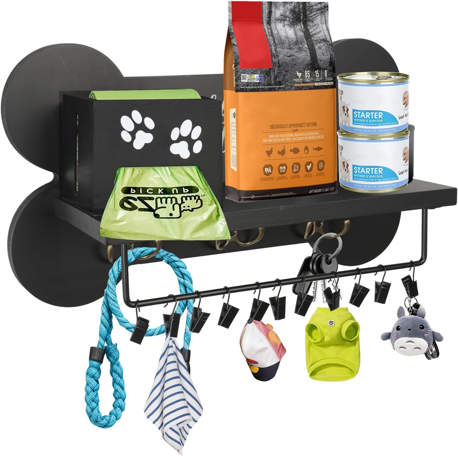 Wood Dog Leash Holder for Wall, Key Hangers with 3 Double Key Holder for Wall, Dog Stuff Organizer and Doggie Bone Key Hooks Wall Mount for Entryway, Farmhouse Treats, Black