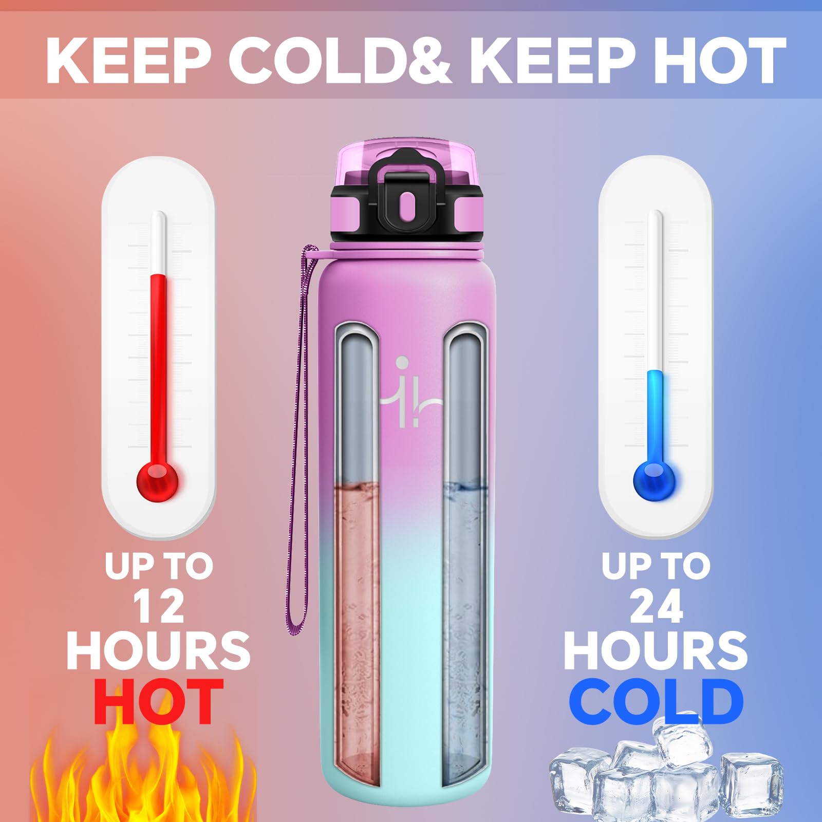 Borracce Termiche 1 litro - Bottiglia Termica Senza Perdite - Borracce Termiche Con Cannuccia - Mantiene Caldo per 12 Ore/Freddo 24 Ore, Borracce per Fitness, Trekking, Campeggio, Yoga， Palestra - 5