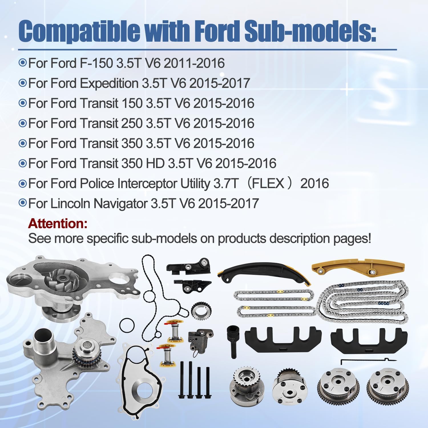 Timing Chain Kit w/VVT Sprockets, Water Pump & Tools Fits for Ford F150 F-150 Fx4 11-16, Expedition 15-17, Transit 150/250/350/350HD 15-16, Lincoln Navigator 15-17 -3.5T V6 Only