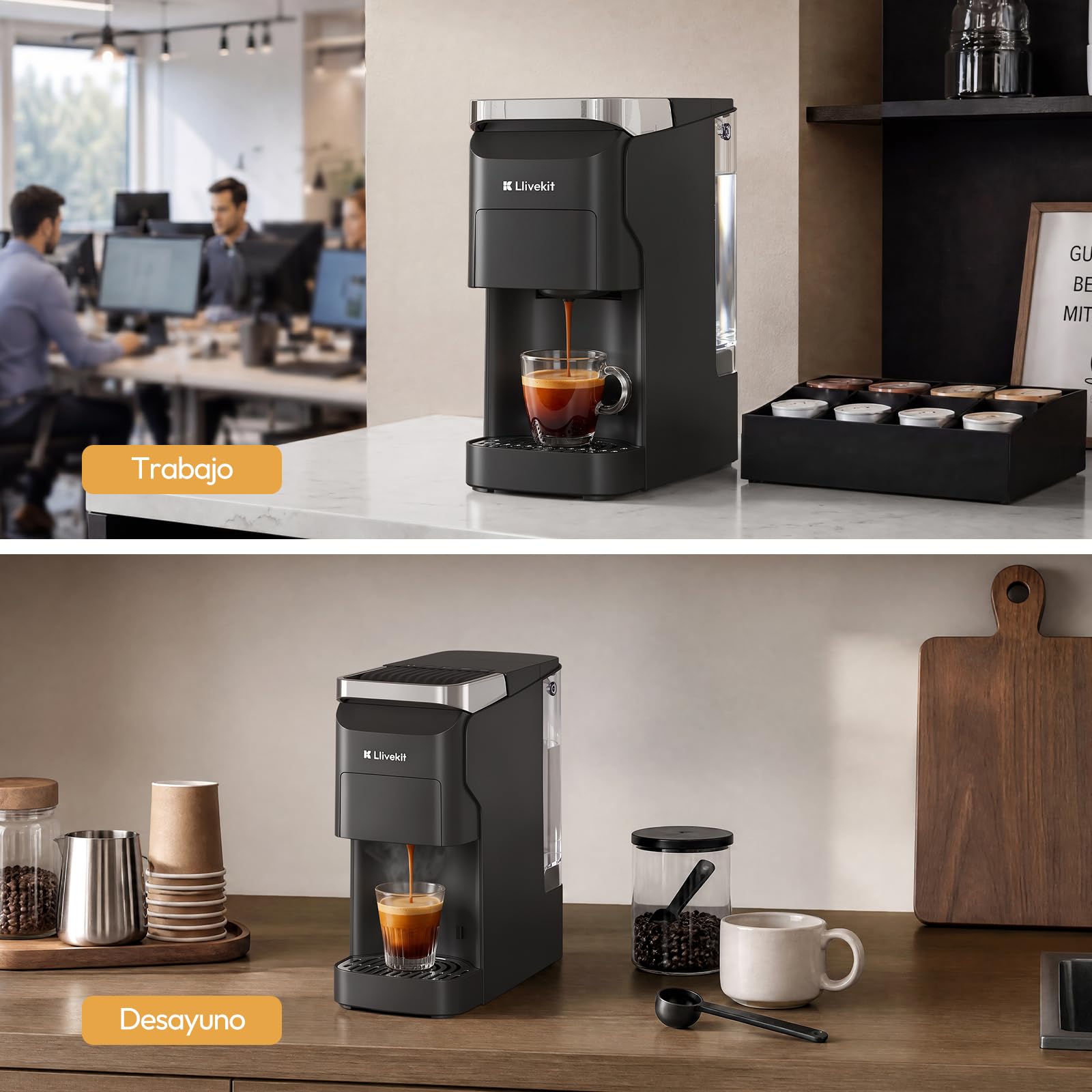 LLIVEKIT Cafetera Multicápsulas 3 en 1 Presión 20 Bar, Autolimpieza | Máquina de Café Compatible con Cápsula Nespresso/Dolce Gusto/Café Molido, Depósito 920 mL, Calentamiento Rápido 40s