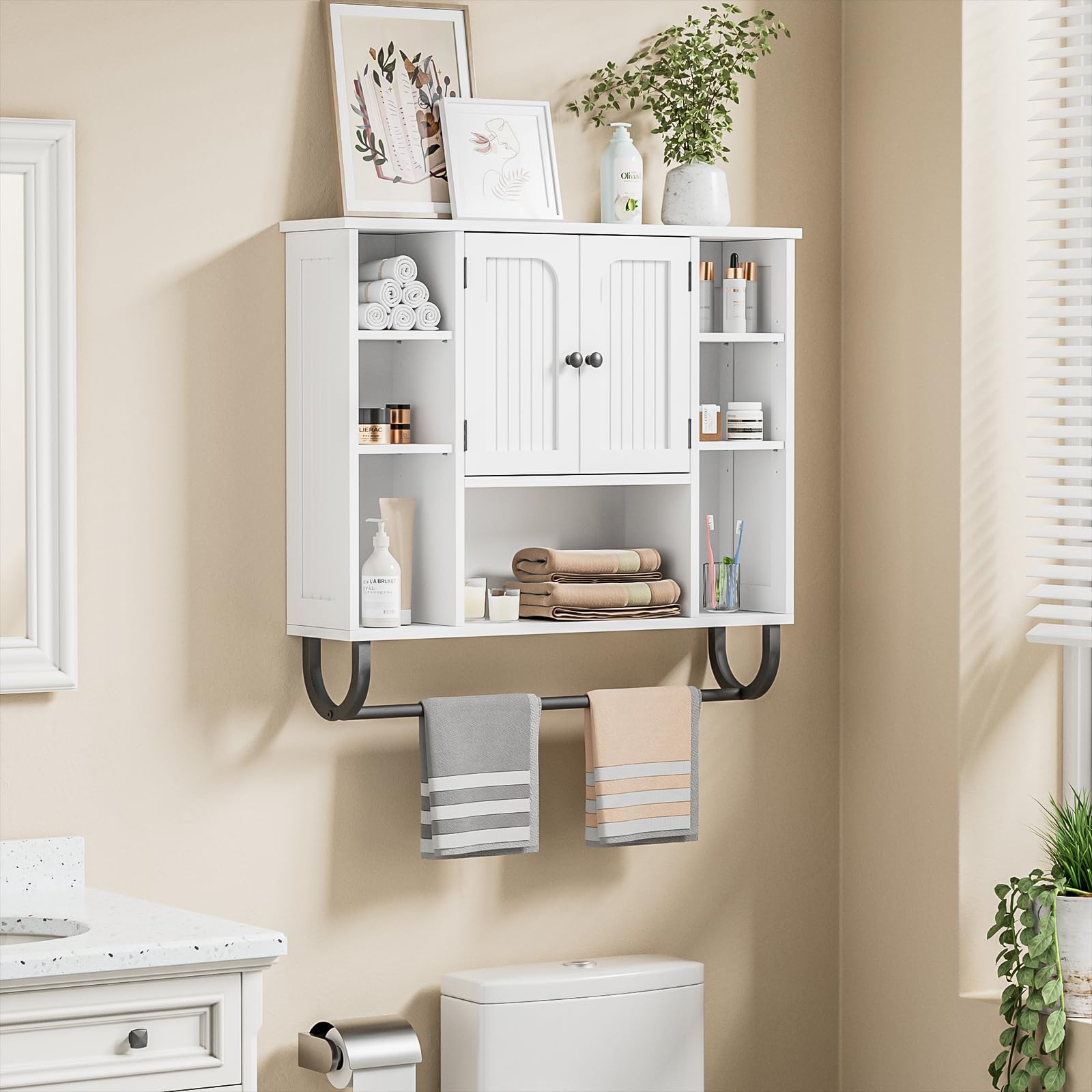 Badezimmerschrank hängend, Weißer Medizinschrank mit 2 Türen, Offener Raum und Verstellbare Regale, platzsparender Hängeschrank für Badezimmer, Küche und Wohnzimmer, 19D x 80W x 72H cm