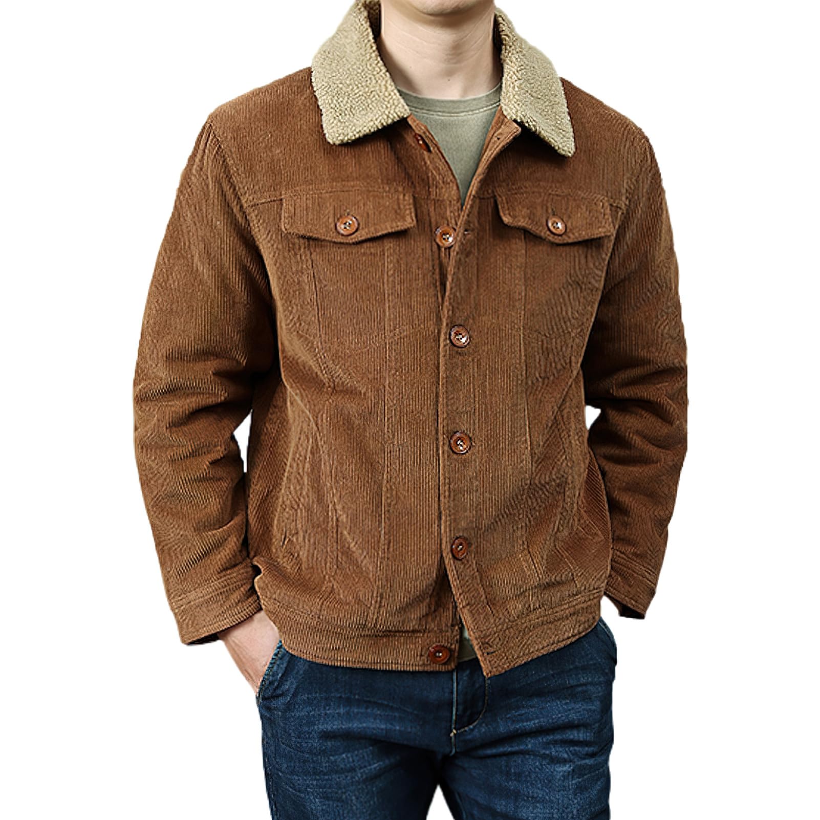 rismart Homme Veste en Velours Côtelé Doublure Sherpa Camionneur Boutonné Col à Revers L'hiver Chaud Manteau