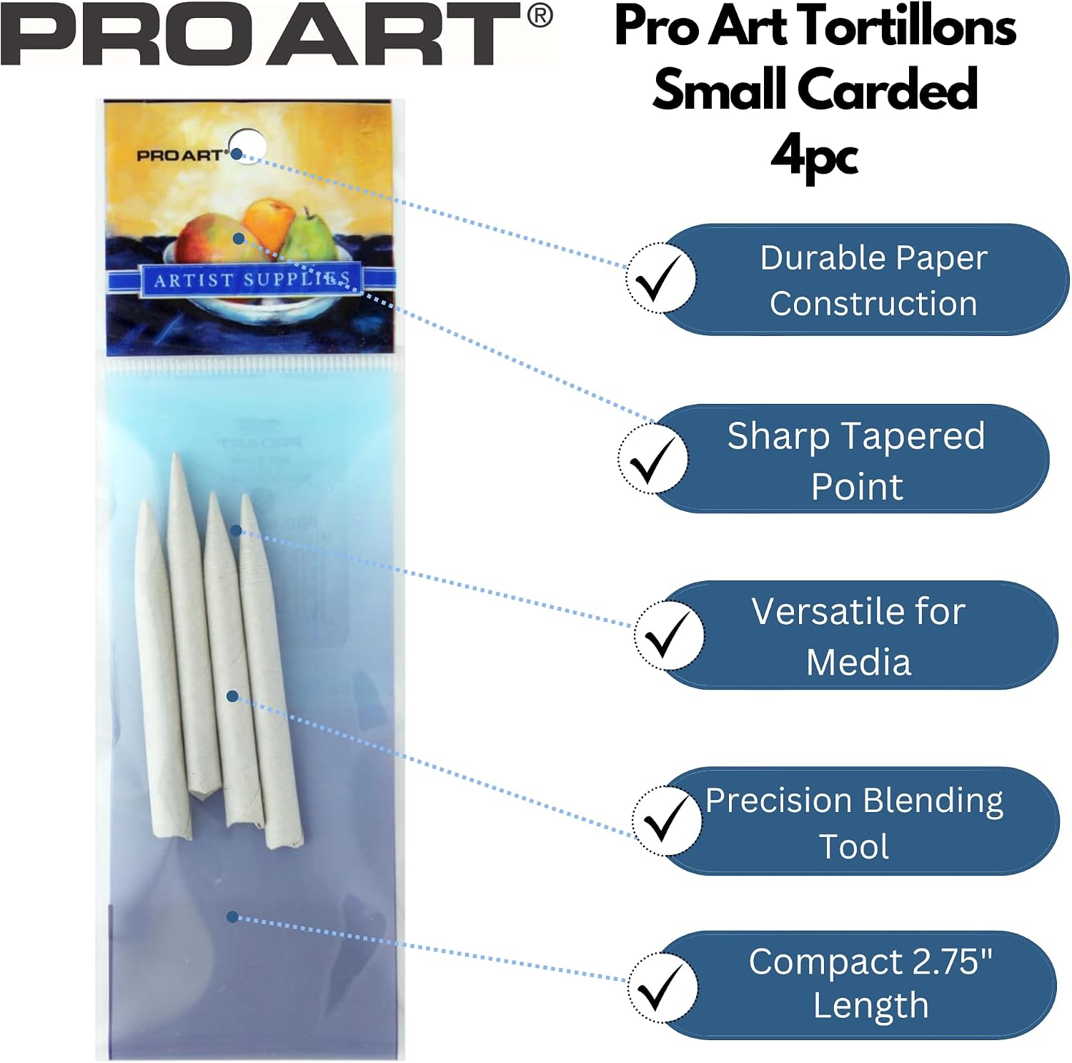 Pro Art Tortillons Small 4pc Carded, Blending Stumps for Drawing and Shading, Colored Pencil and Oil Pastel Blender Tools, Sketch Blending Pencil