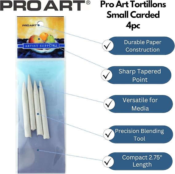Pro Art Tortillons Small 4pc Carded, Blending Stumps for Drawing and Shading, Colored Pencil and Oil Pastel Blender Tools, Sketch Blending Pencil