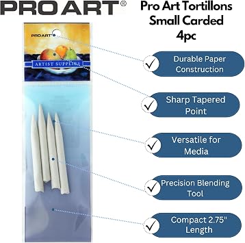 Pro Art Tortillons Small 4pc Carded, Blending Stumps for Drawing and Shading, Colored Pencil and Oil Pastel Blender Tools, Sketch Blending Pencil