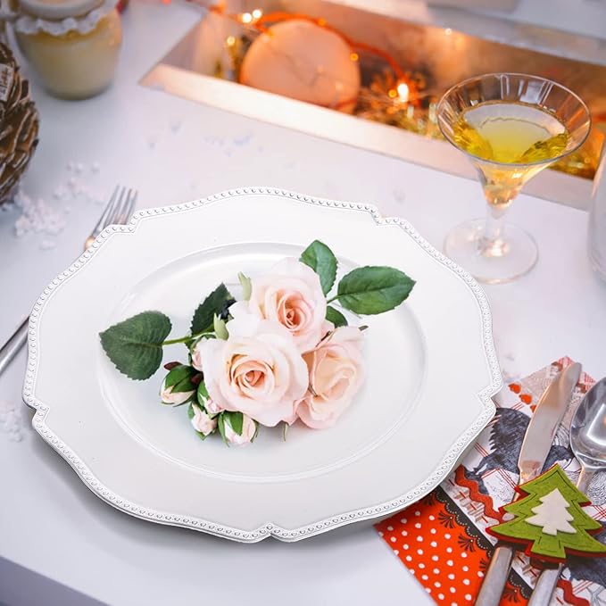 Foraineam 12 Platos Cargadores Blancos con Borde Abalorado, 33 cm, Redondos, Plástico miniatura 2