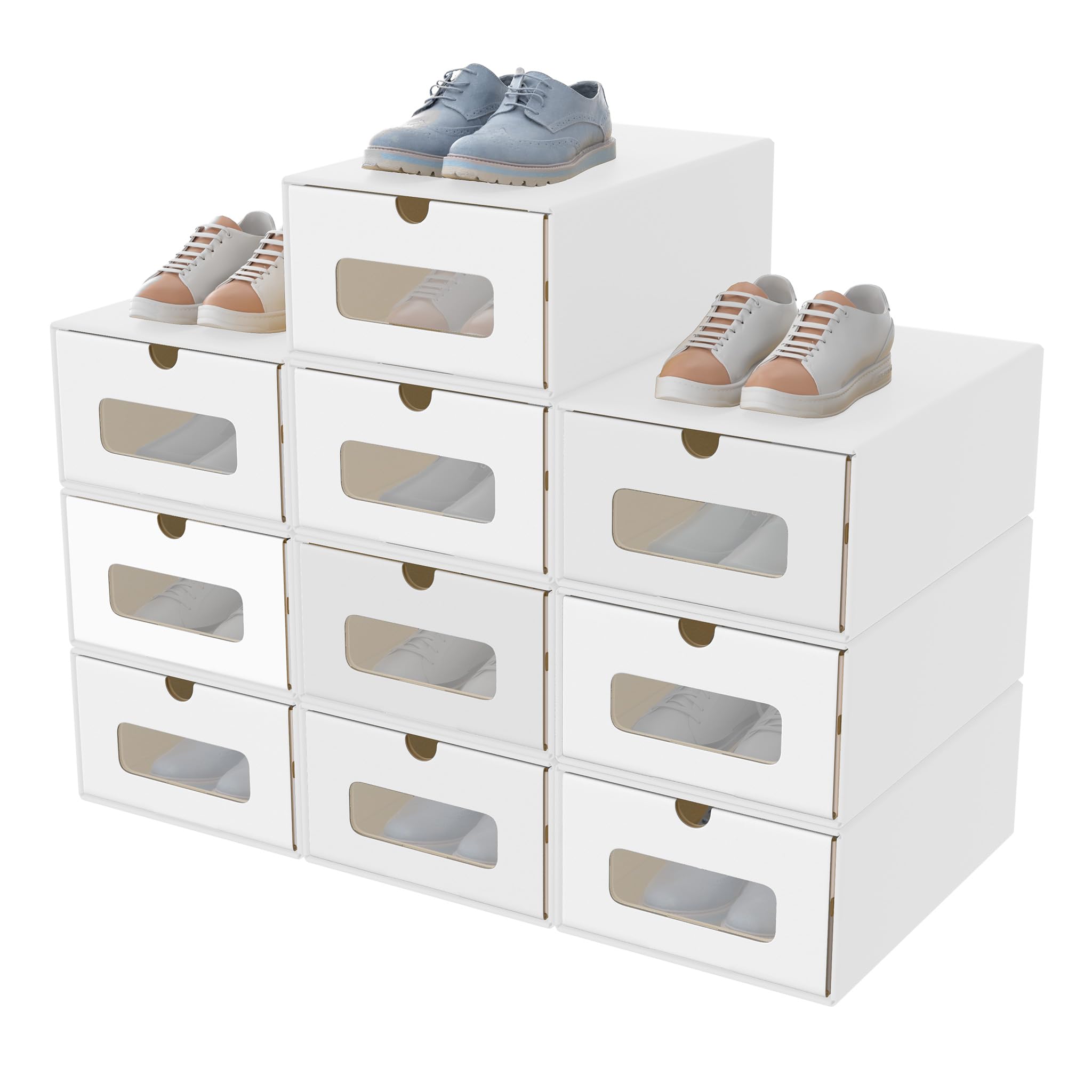 AufuN 10 cajas apilables para zapatos de papel kraft con tapa y ventana transparente, práctica caja de almacenamiento para zapatos, 35 x 24 x 14 cm, color blanco