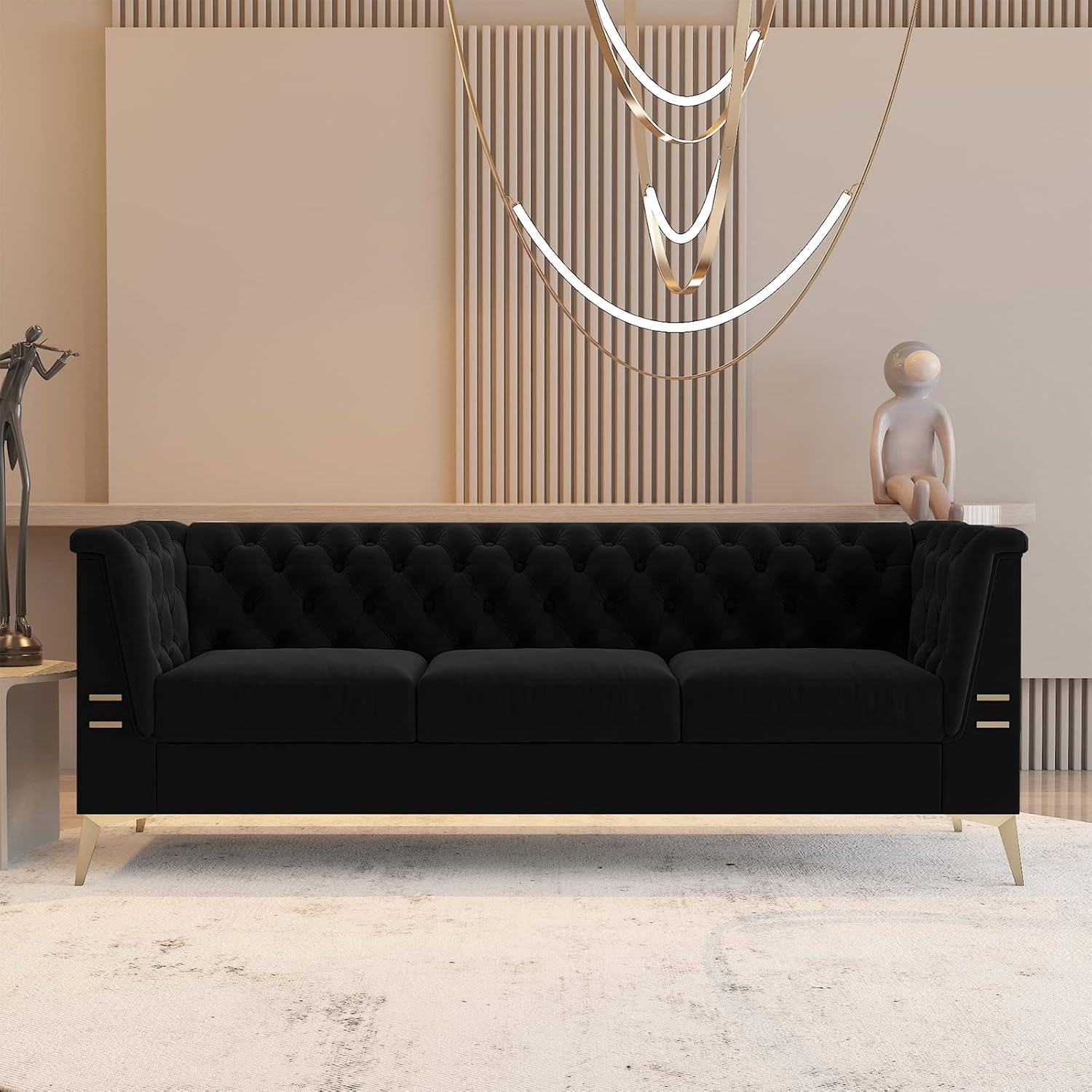 Tomkate Black Velvet Couch, 82 Inch Big Comfy Modern Sofa