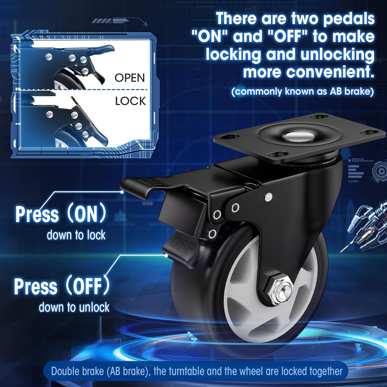 4 Inch Caster Wheels, Casters Set of 16, ASHGOOB Casters with Brake Heavy Duty, Industrial Locking Swivel Top Plate Castor Wheels for Workbench/Furniture/Cart. （AB Switch, Double Pedal Brake