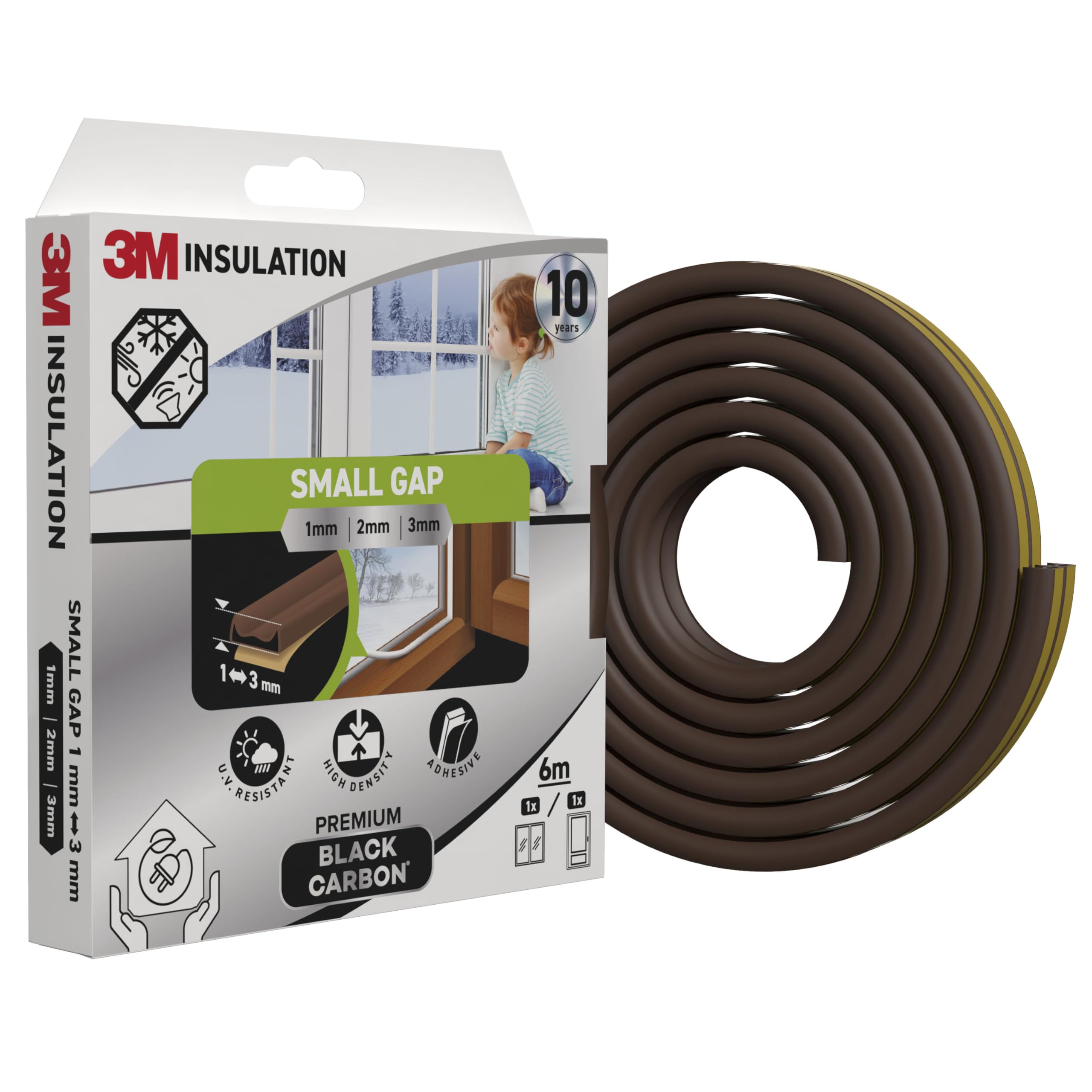 3M Premium Insulation Foam Seal, 6m, Brown, Small Gap up to 3mm - Self-Adhesive Rubber Black Carbon for Insulating Gaps in Windows and Doors, Enhanced Strength, UV resistant, Long-lasting Performance