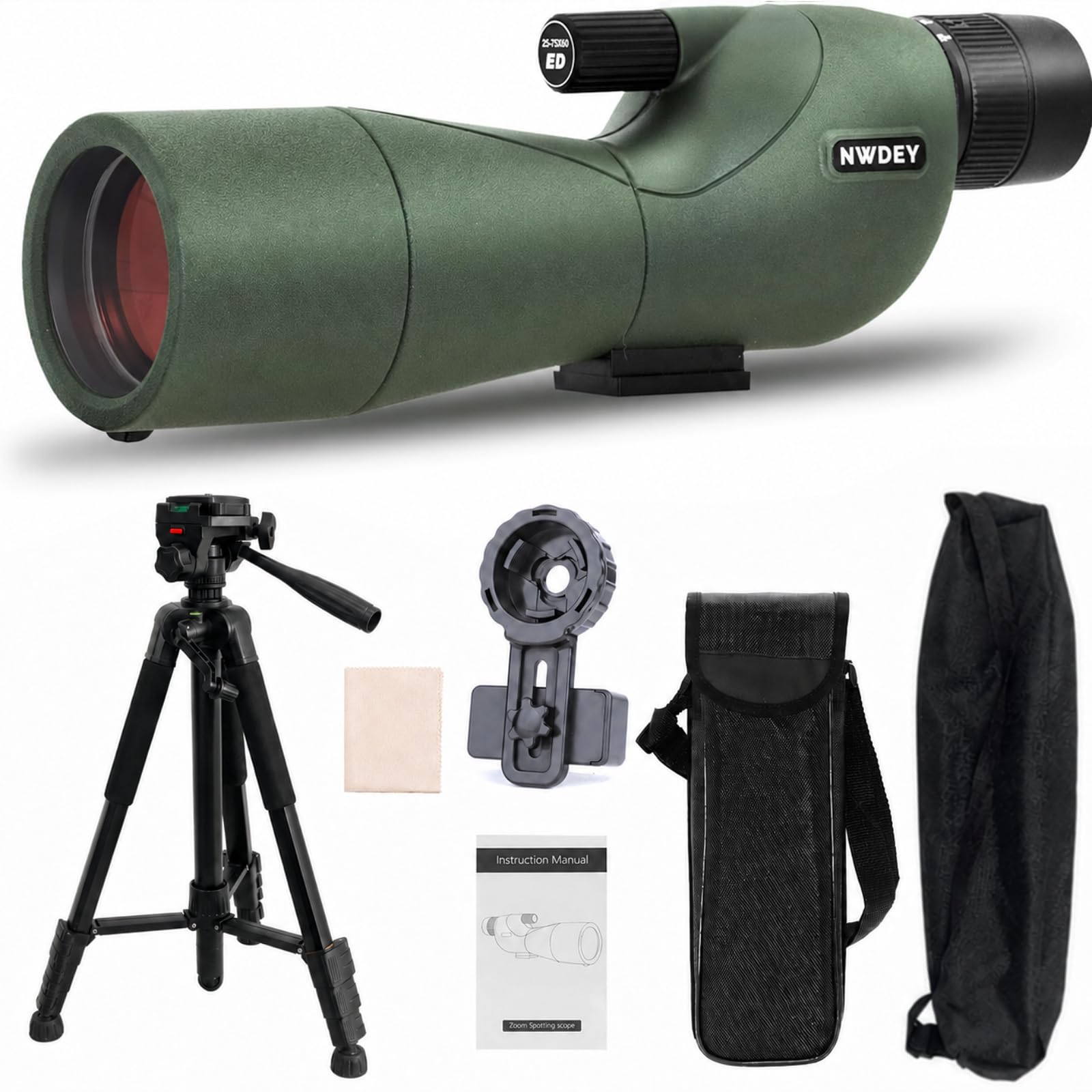 NWDEY Cannocchiale 25-75X60 con treppiede da 129,5 cm, cannocchiale per tiro al bersaglio, caccia, birdwatching, visione bassa, adattatore per telefono, borsa per il trasporto, prisma BAK4, obiettivo
