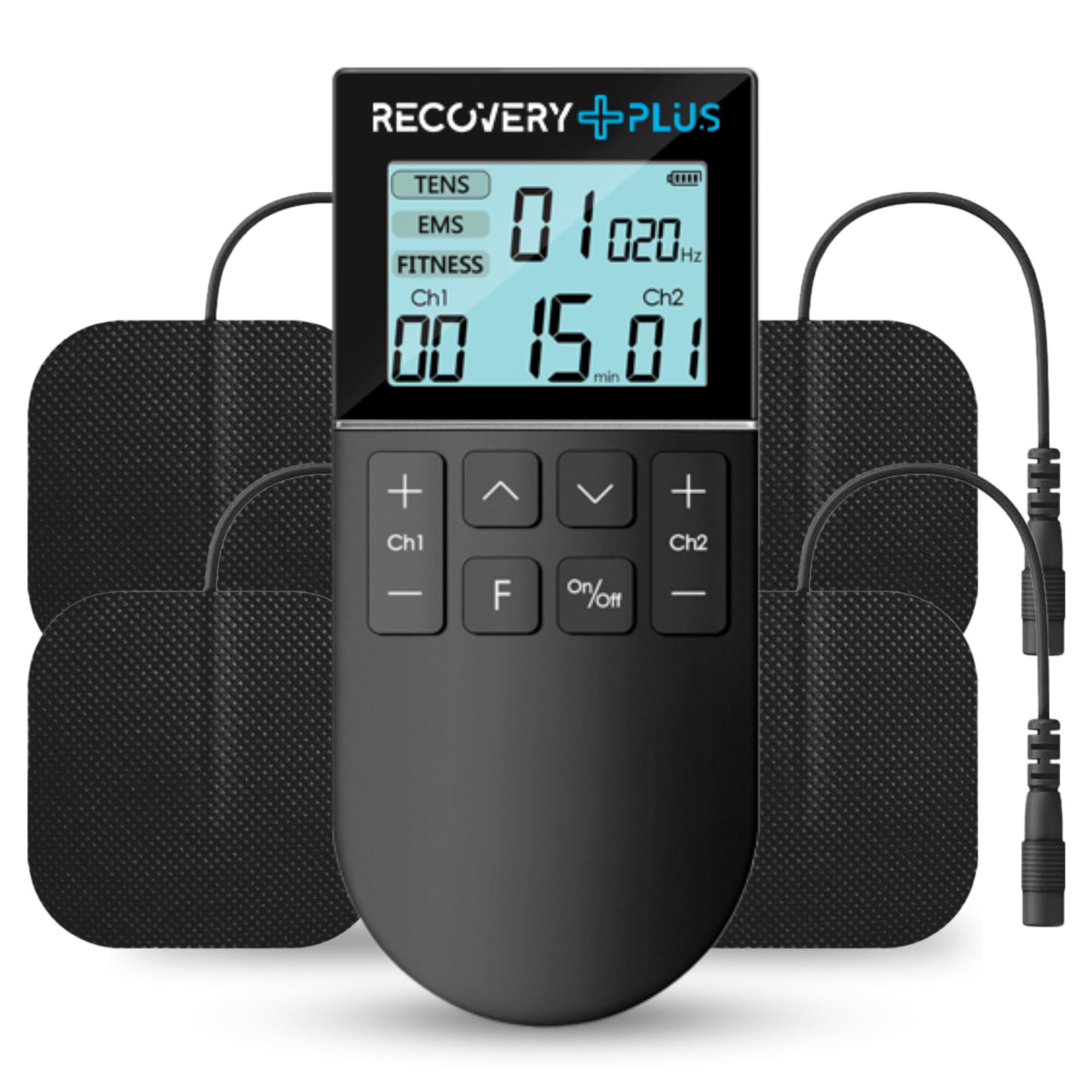 RECOVERY PLUS - Electroestimulador Muscular Digital de 50 Modos, EMS/TENS/FITNESS, Estimulador Portátil 3 en 1 con 4 Almohadillas TENS.