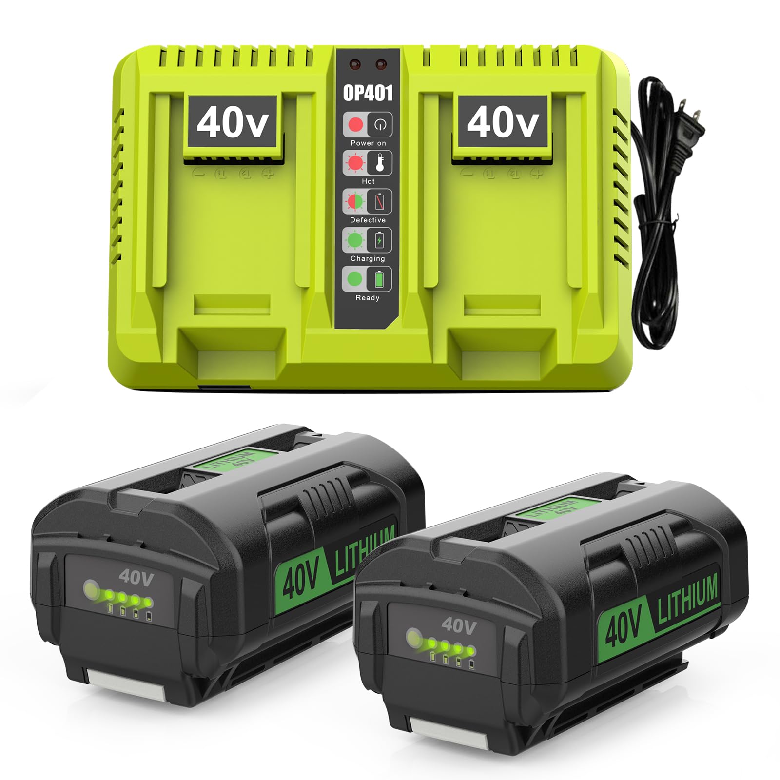 Photo 1 of BECDXPal 2Pack 6.5Ah Replacement for Ryobi 40V Battery and Charger Kit for 40 Volts Battery OP4026 OP4040 OP40401 OP40601 with Dual Port Ryobi 40V Charger OP401