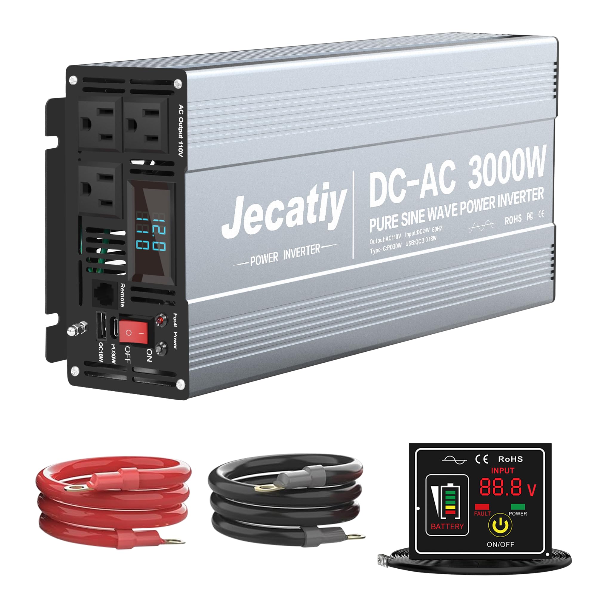 3000 Watt Pure Sine Wave Power Inverter DC 24V to 110V/120V AC Converter with 3 AC,18W USB, and 30W Type-C Charging Ports, Car Solar Power Inverters with LCD Display for Home RV Truck