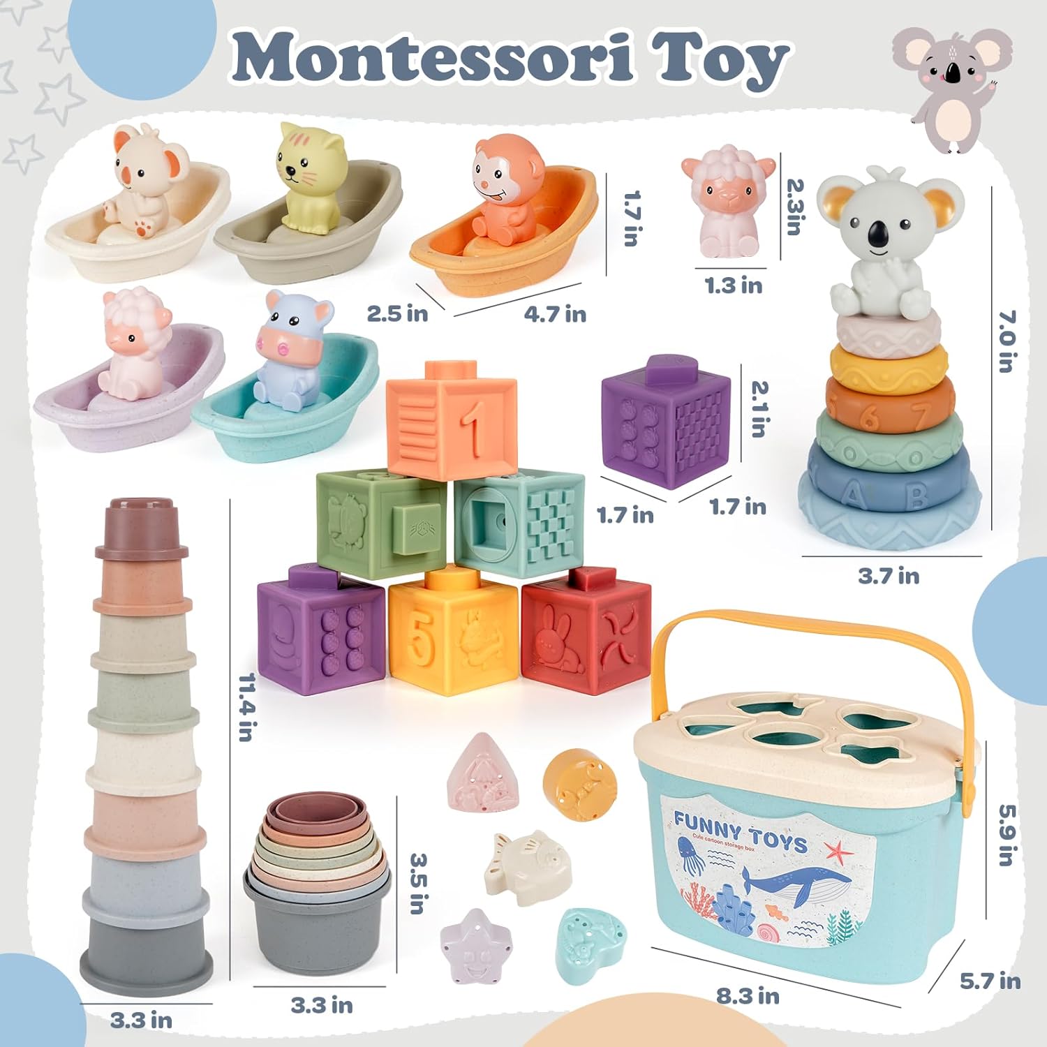 Montessori Baby Toys for Infants 6-18 Months, Shape Sorter for Toddler 6–12 Months, Sorting Stacking Toy for Fine Motor Skills, Sensory Learning Set with Stacking Rings for Babies Birthday Gift（Blue）