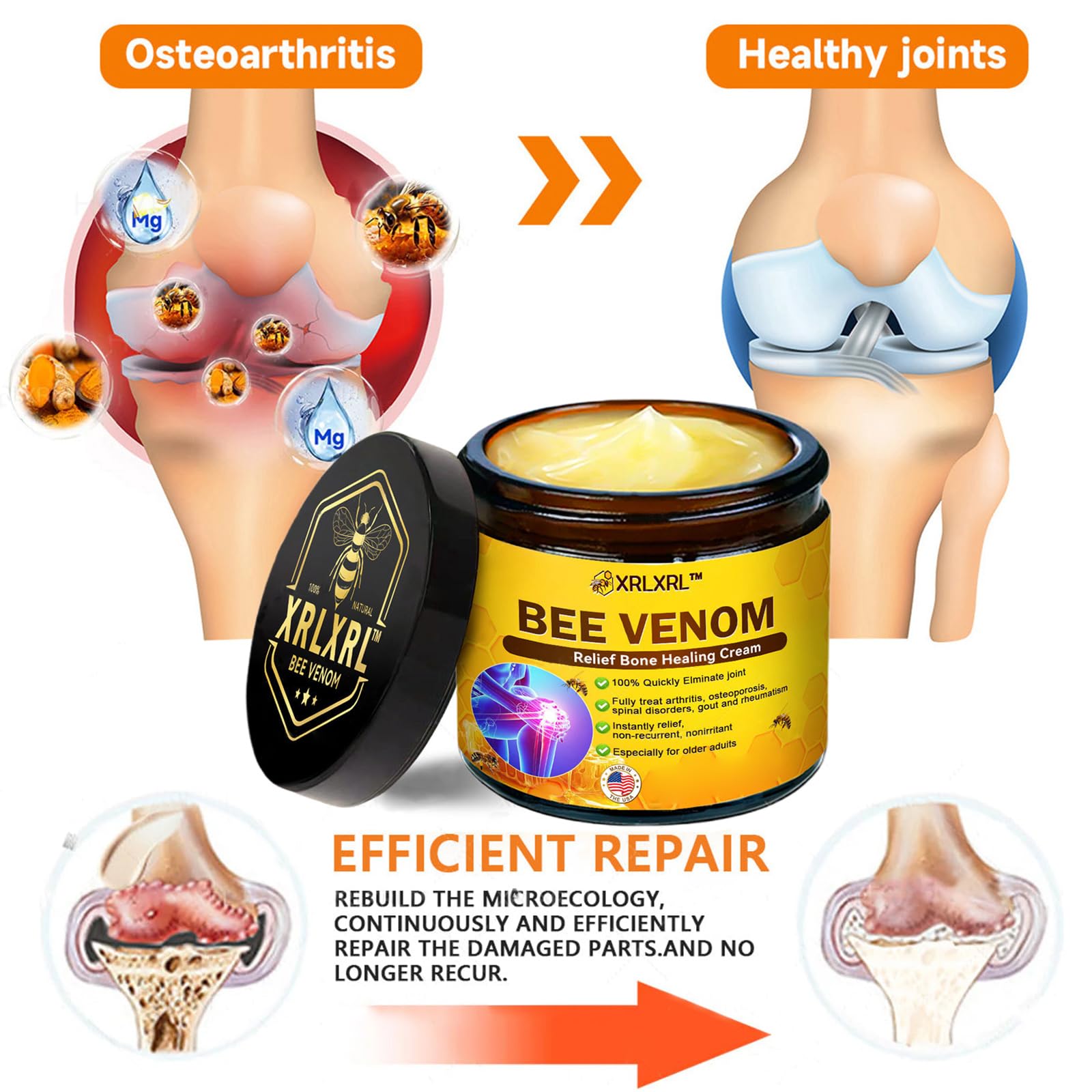 XRLXRL Bee Venom Relief Bone Healing Cream, Professional Bee Venom Cream for Activities, Bee Venom Joint & Bone Therapy cream for Back, Knee, Hands, Neck, Feet, for All Skin Types (1 Bottle) — view 6