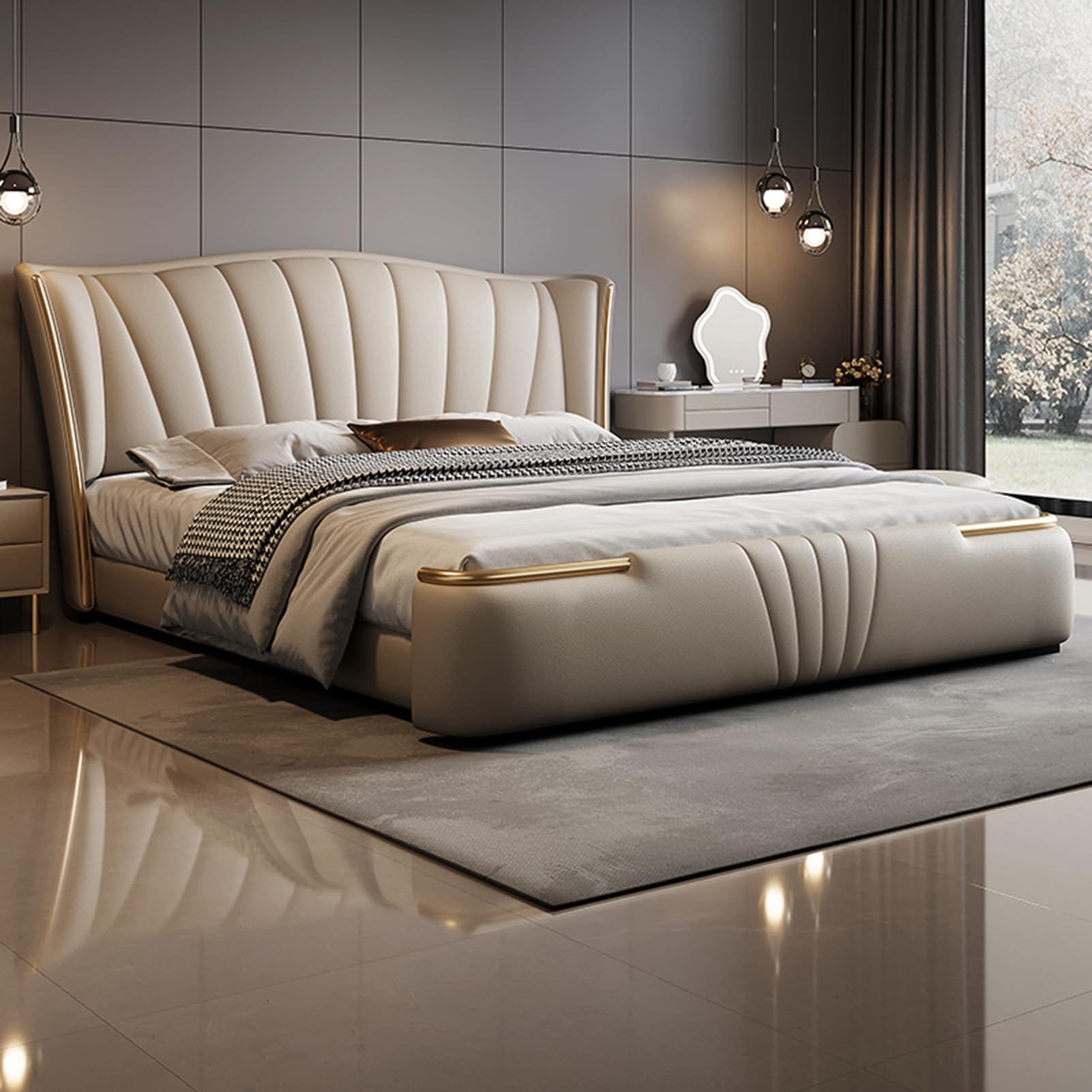 King Size Genuine Leather Wood Bed Upholstered Platform Bed Frame with Wingback Headboard and Storage Drawers Strong Wooden