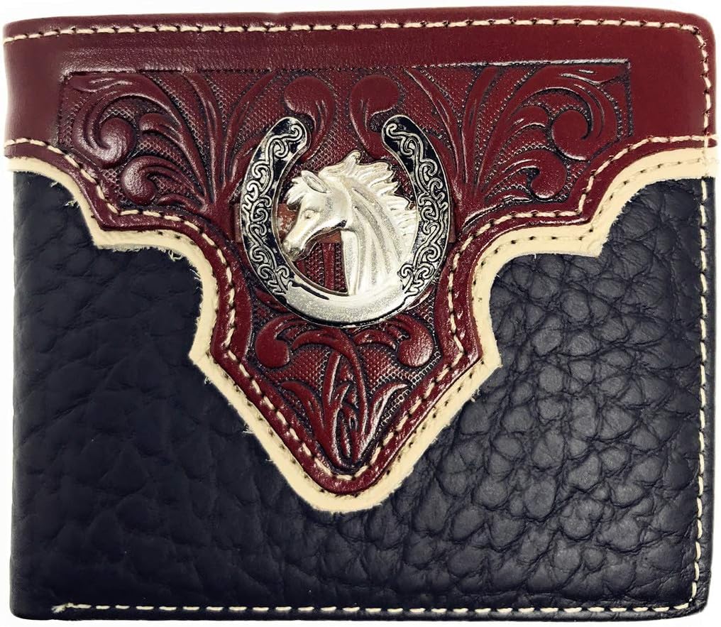 Western Genuine Leather Floral Tooled Horse Concho Mens Short Bifold Wallet in 2 colors (Black)