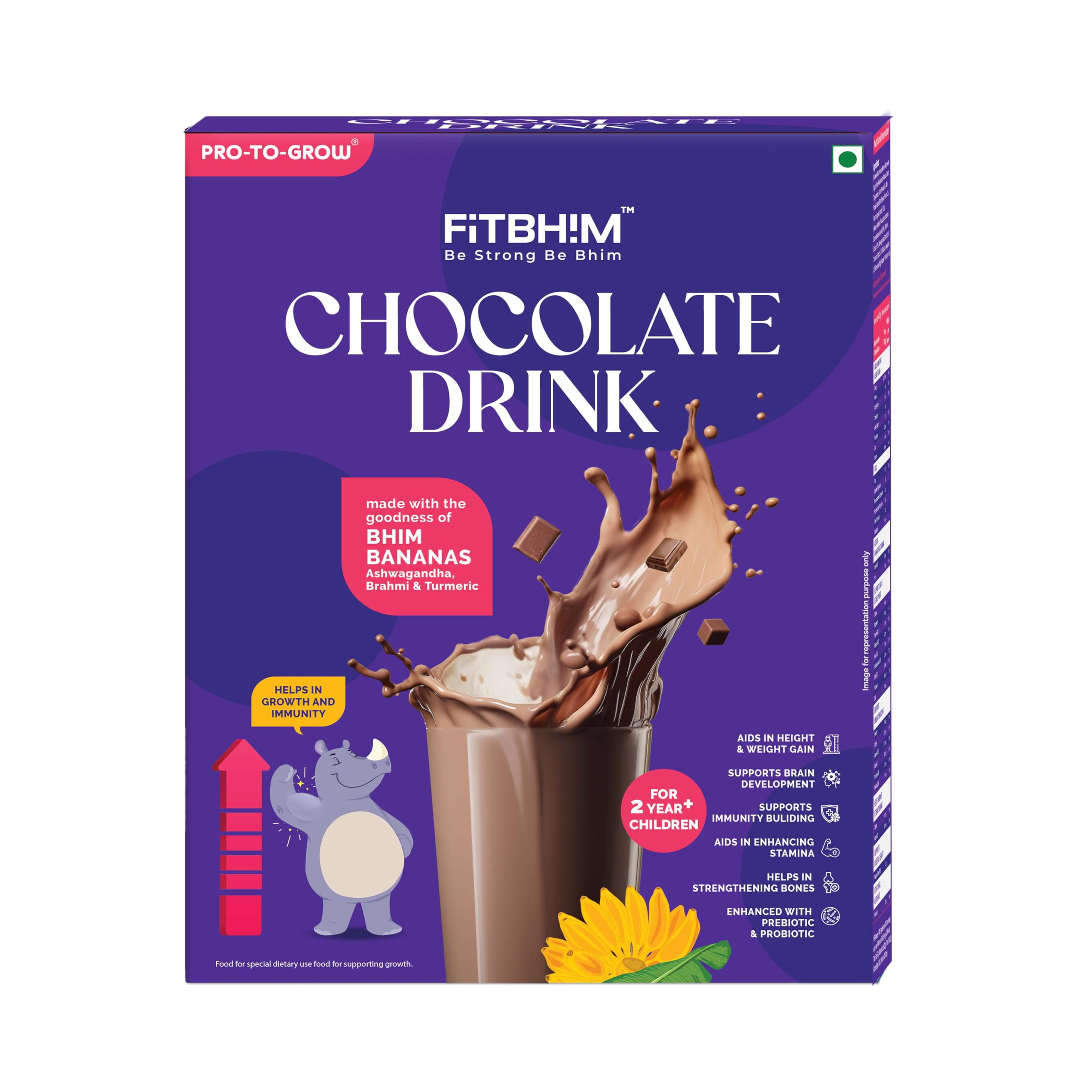 Pro To Grow Fitbhim Nutritional Chocolate Drink Powder 300g | Enriched with Bhim Banana & Ayurvedic Herbs | Belgian Chocolate Flavor for Kids (2+ years) | Brain & Growth Booster with Immunity Support