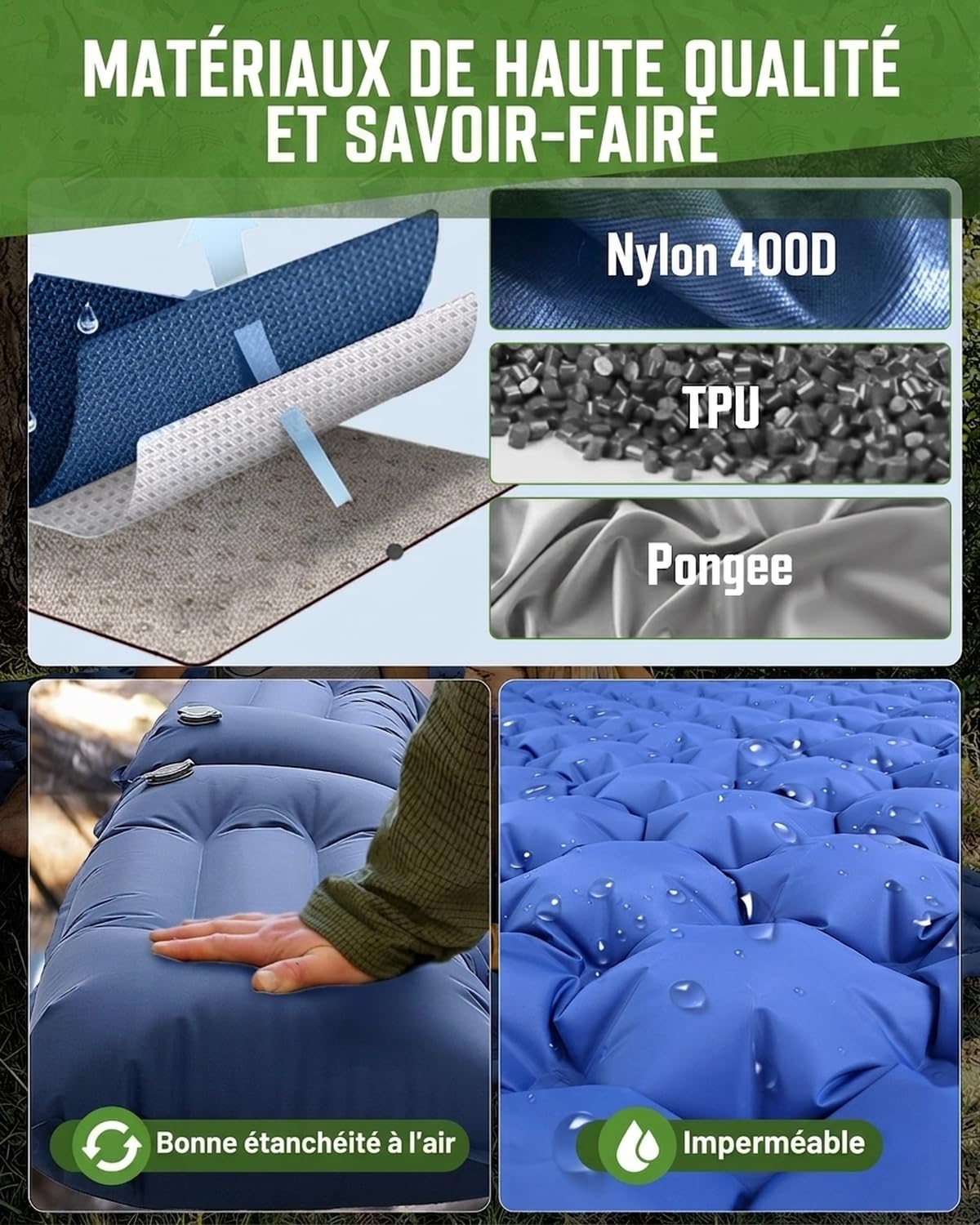 Matelas Gonflable 2 Personnes Camping Autogonflant avec Pompe à Pied et Oreillers Intégrés Imperméable Compact Bleu Marine