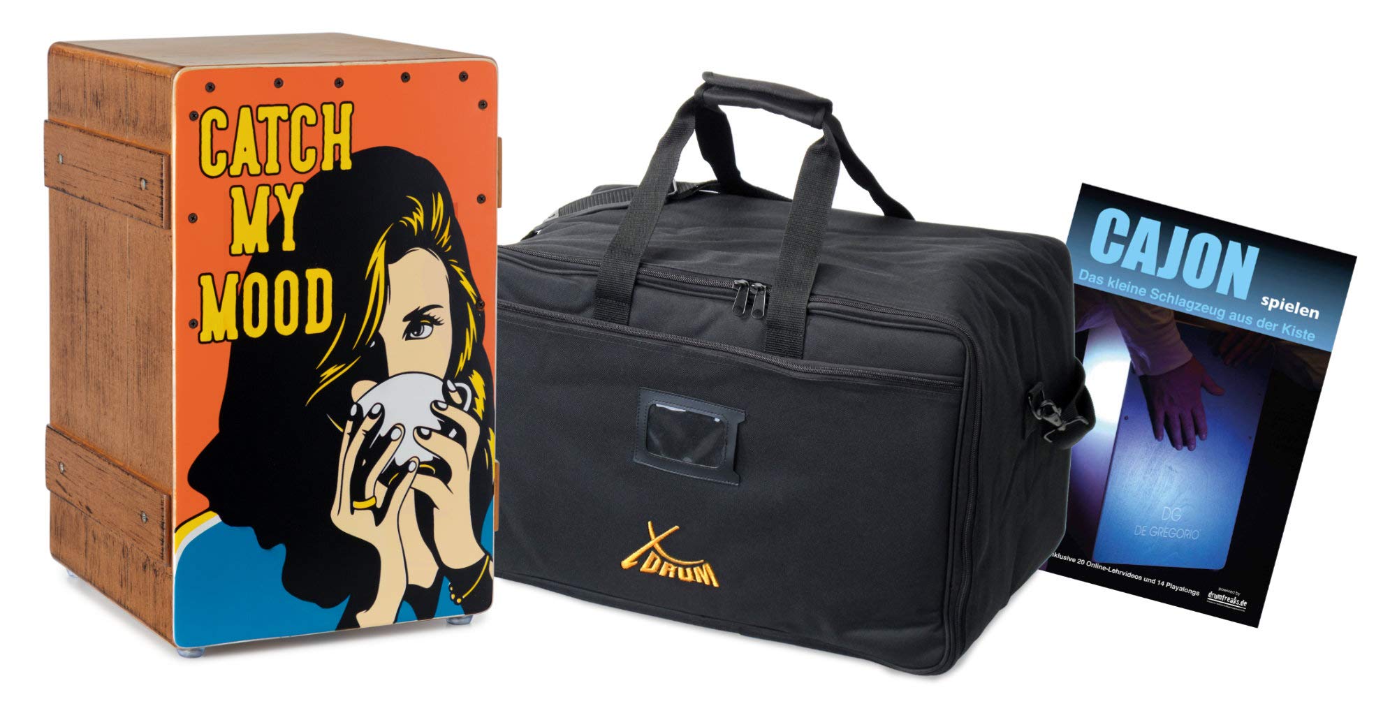 XDrum Design Series Cajon "Catch my mood" Set incl. borsa + scuola | Cajon design con stampa Pop Art, Bass Port integrato, Corpo: HPL (High Pressure Laminate), Snare fisso con 20 spirali, 5 cm