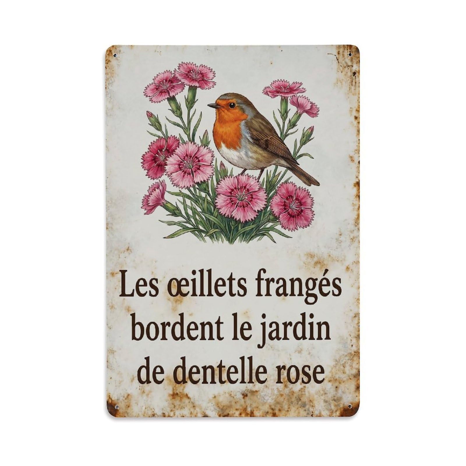 Robin Bird Garden Quote Dianthus Pink Metal Tin Sign