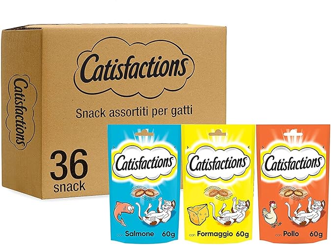 Catisfactions Snack Assortito per Gatto, Cassa Mista 3 Gusti, 36 Unità - 60 g (Confezione da 36)