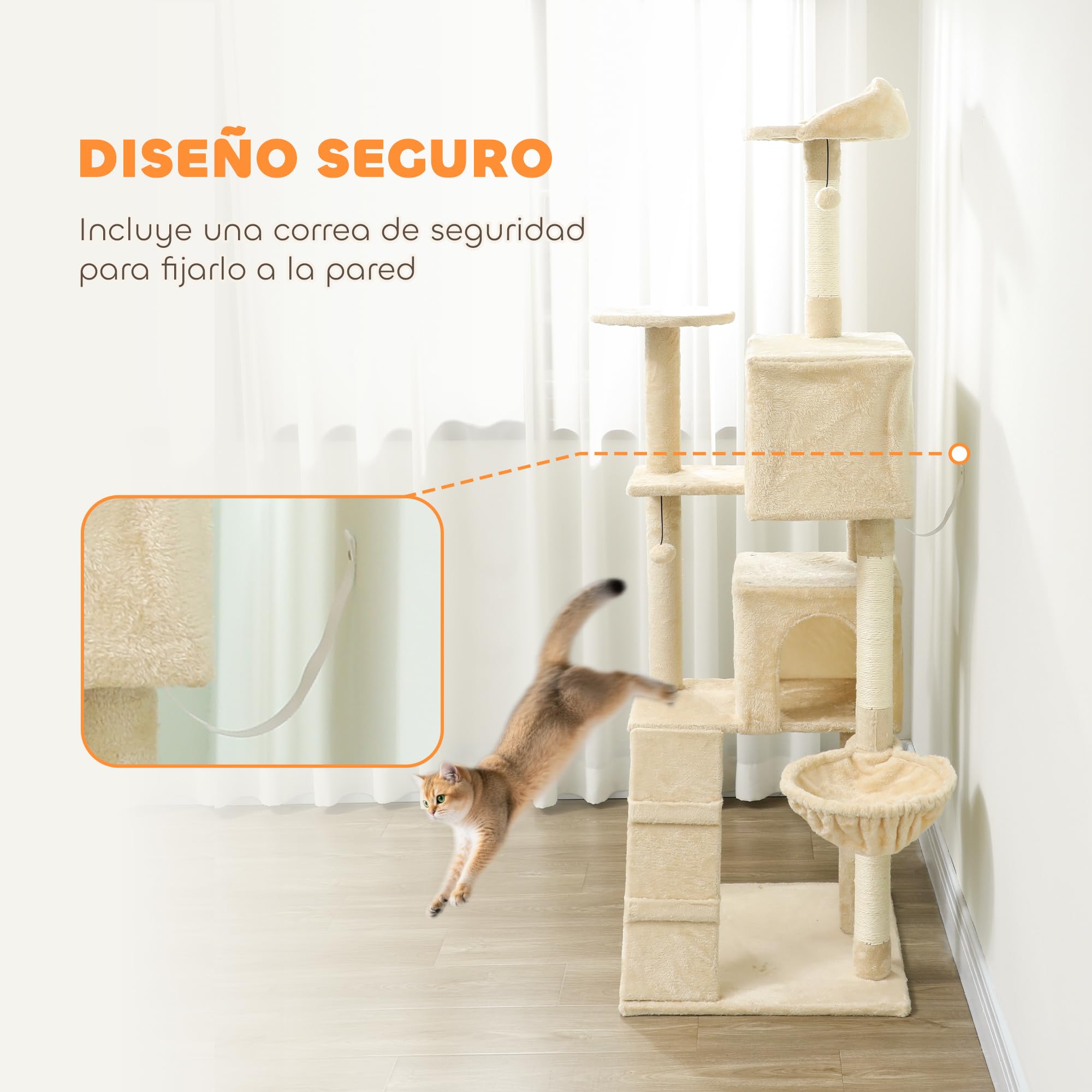PawHut Árbol Rascador para Gatos, Árbol para Gatos 180 cm, Torre Escalador con Múltiples Plataformas, Cama, 2 Cuevas, Hamaca, Escalera, Postes de Sisal, Bolas para Jugar, Beige