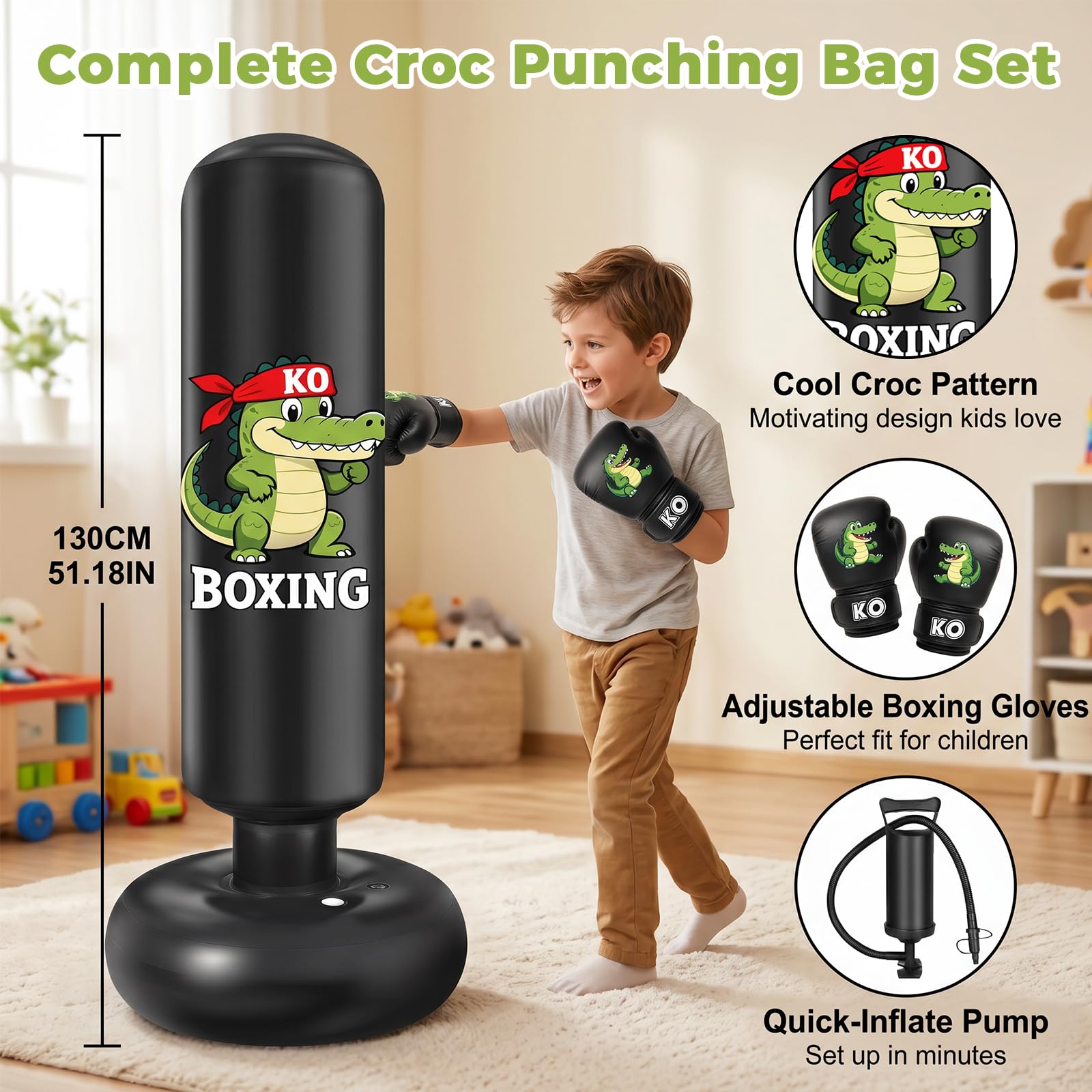 Ninonly Boxsack für Kinder 130cm Aufblasbarer mit Handschuhen & Pumpe