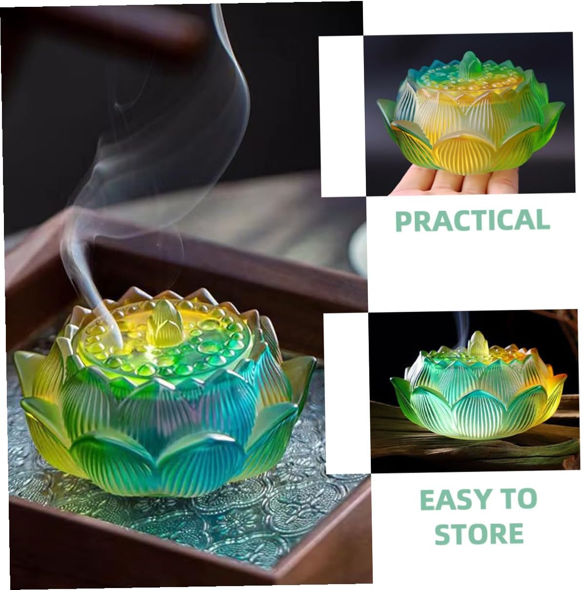 Vintage Lotus Incense Burner Glass Censer Desktop Ornament Compact Coil Incense Holder for Home Tearoom Office Decor