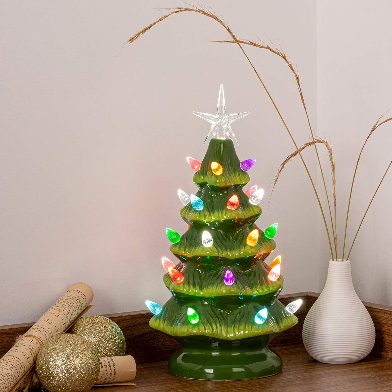 Sunnyglade 11" Ceramic Christmas Tree Tabletop Christmas Tree Lights with 28 Multicolored Lights and 1 Star Toppers for Table Top Desk Classic Series Christmas Decoration (Green) (Green)