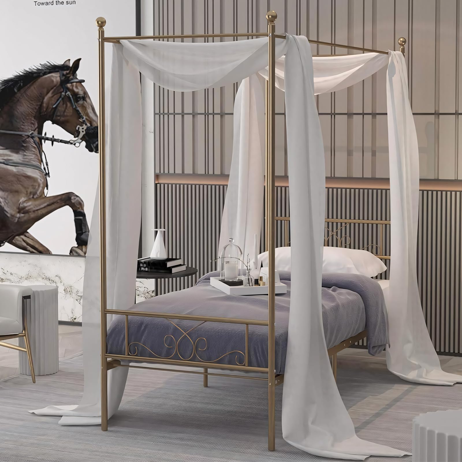 Twin Canopy Bed Frame with Headboard and Footboard, 4 Posters Metal Bed Frame, No Box Spring Needed, Mattress Foundation Platform Bed for Kids and Adults, Gold