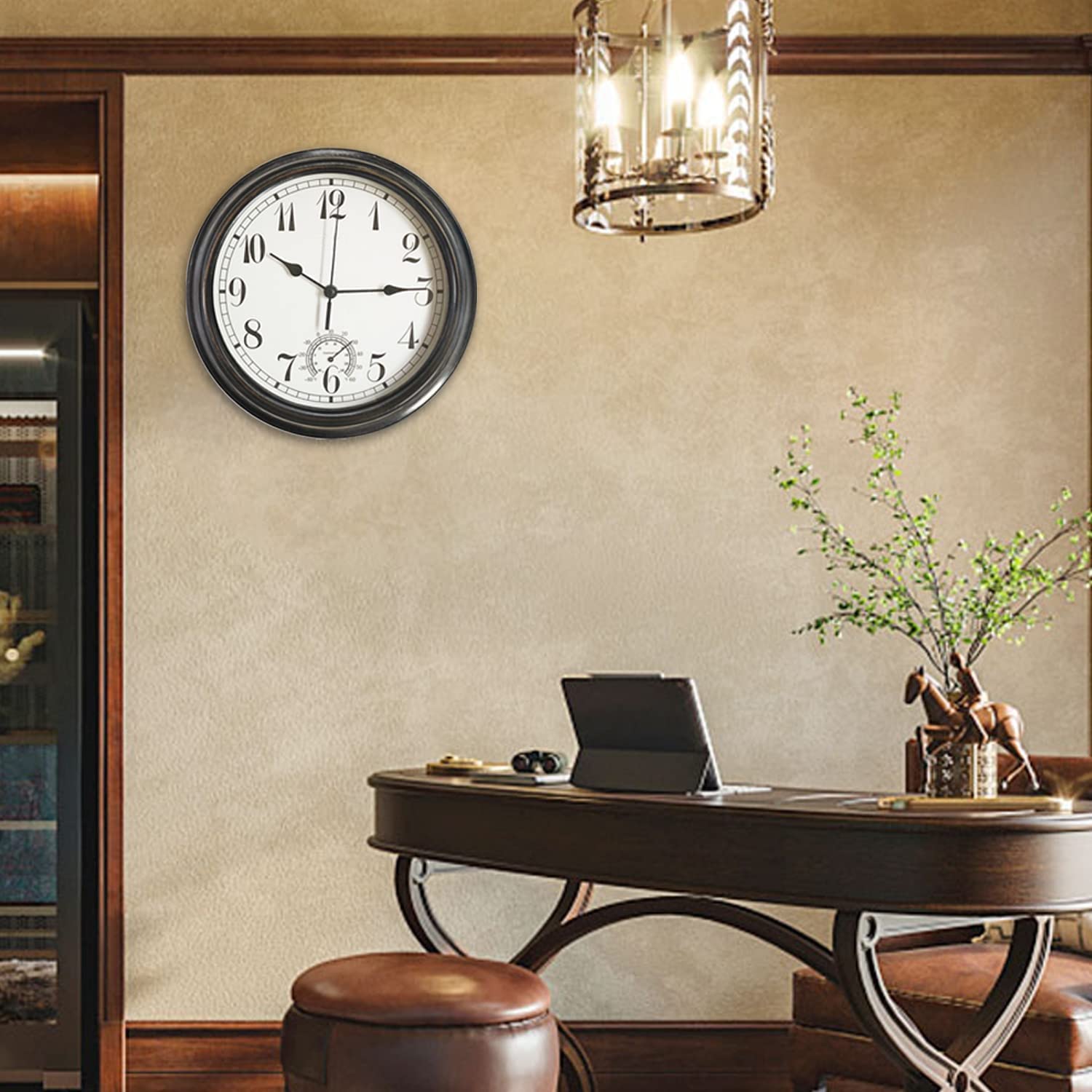 Grande horloge murale d'extérieur et d'intérieur étanche de 30.5 cm avec thermomètre, résistante aux intempéries, sans tic-tac, fonctionne avec des piles, salle de bain, cadeau